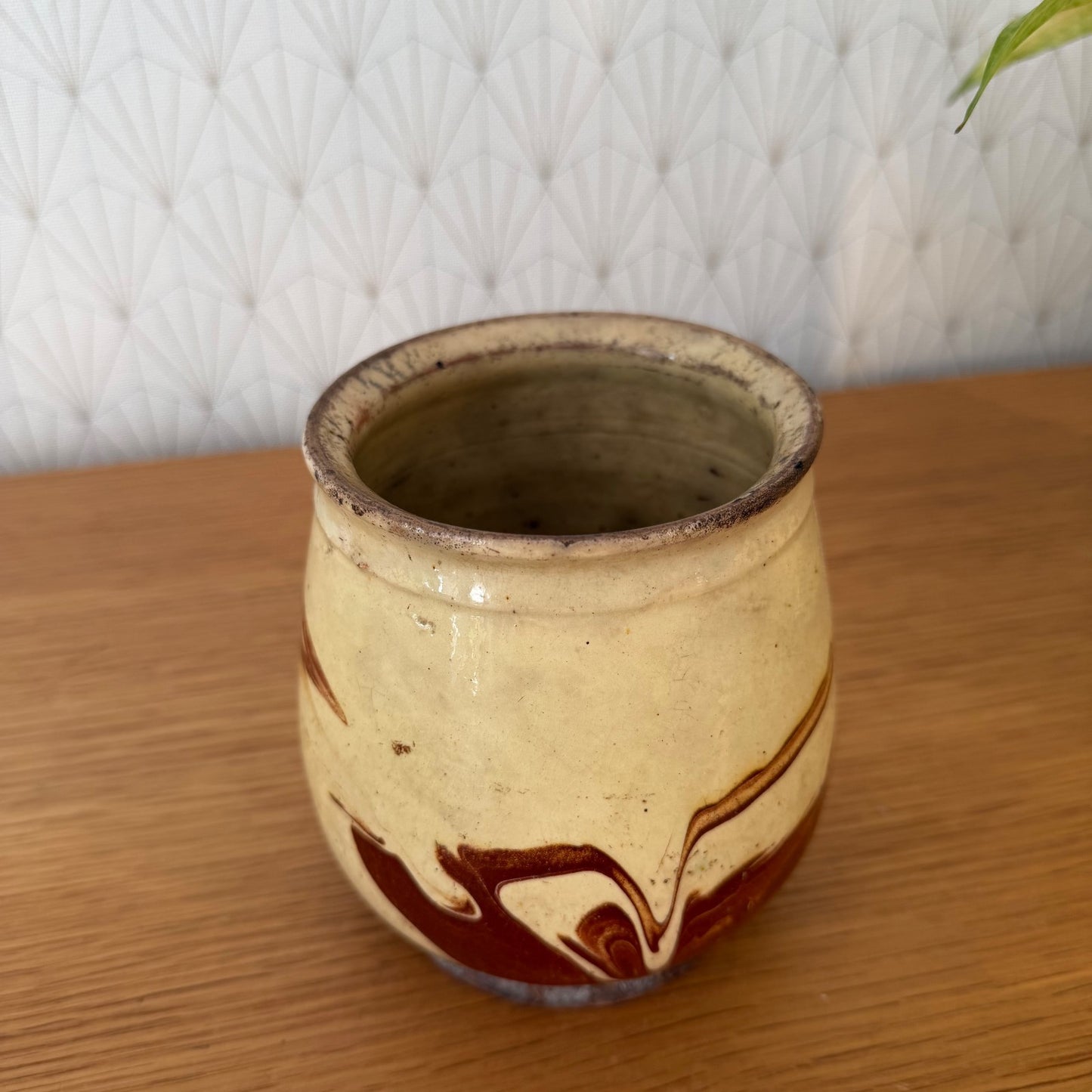 Vintage French Honey Pot Glazed Terracotta Yellow Marbled Brown Round 1006264 Unmarked