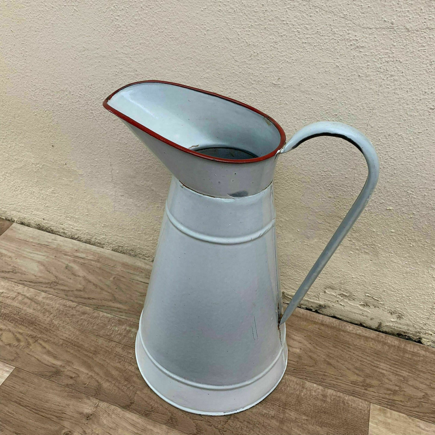 Vintage Belgian Enamelware Pitcher White Red Trim Water Jug 13.75" 28101813 Unbranded