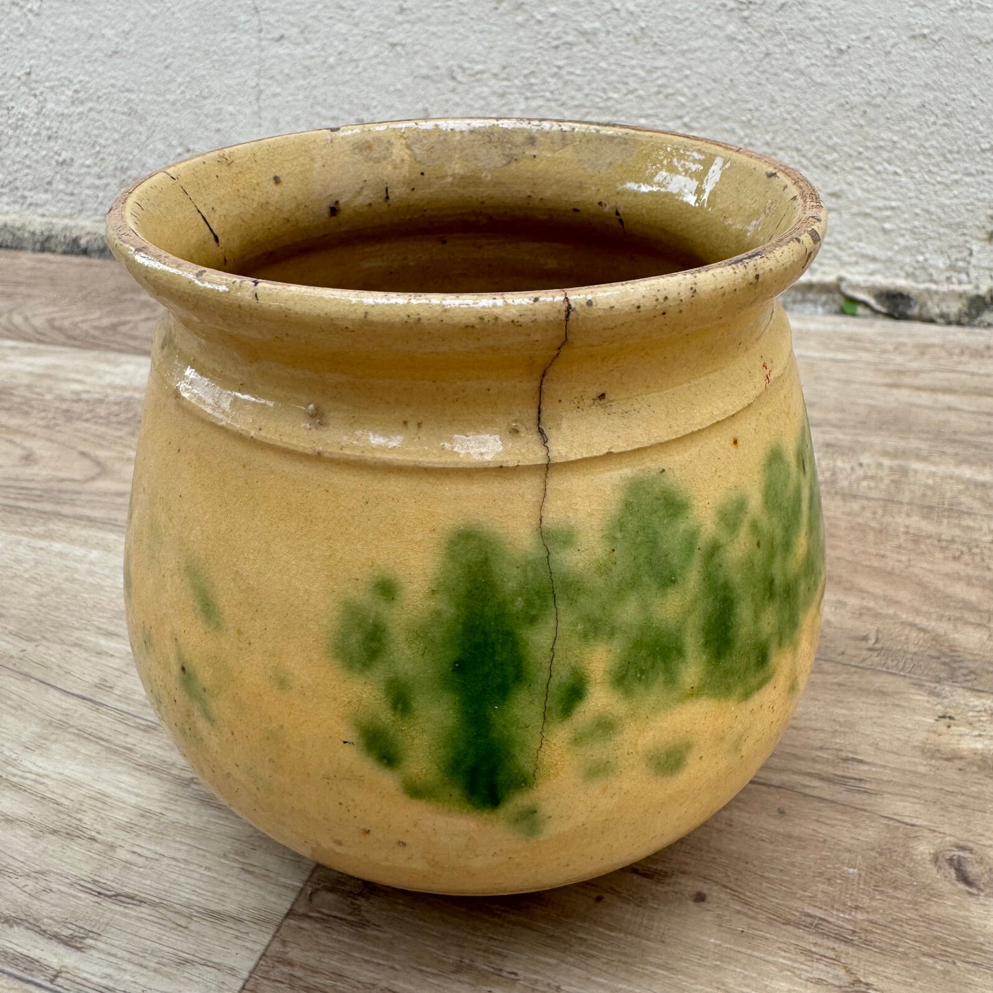 Antique French Confit Pot Yellow Green Glazed Stoneware Jar 1909242 Unmarked