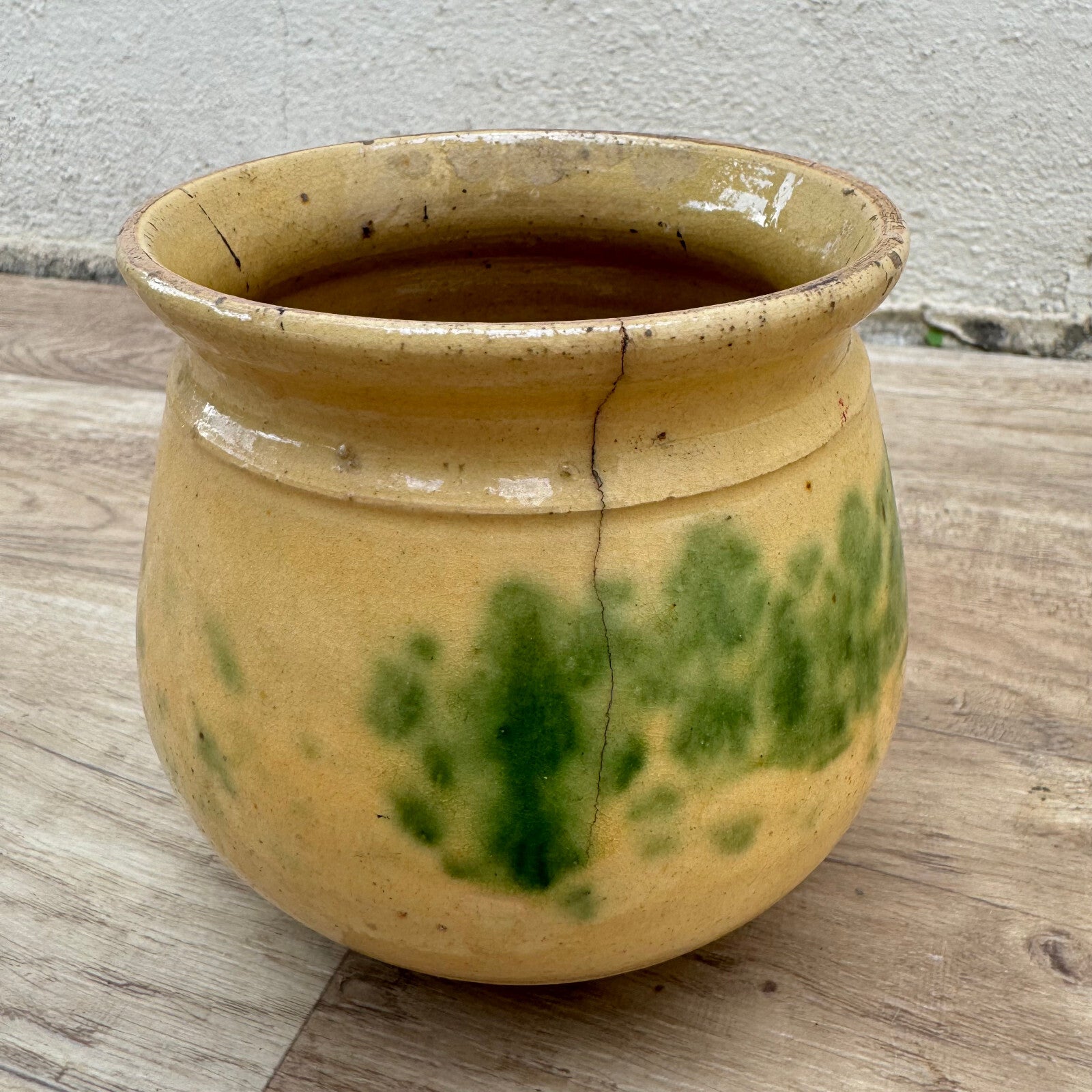 Antique French Confit Pot Yellow Green Glazed Stoneware Jar 1909242 Unmarked