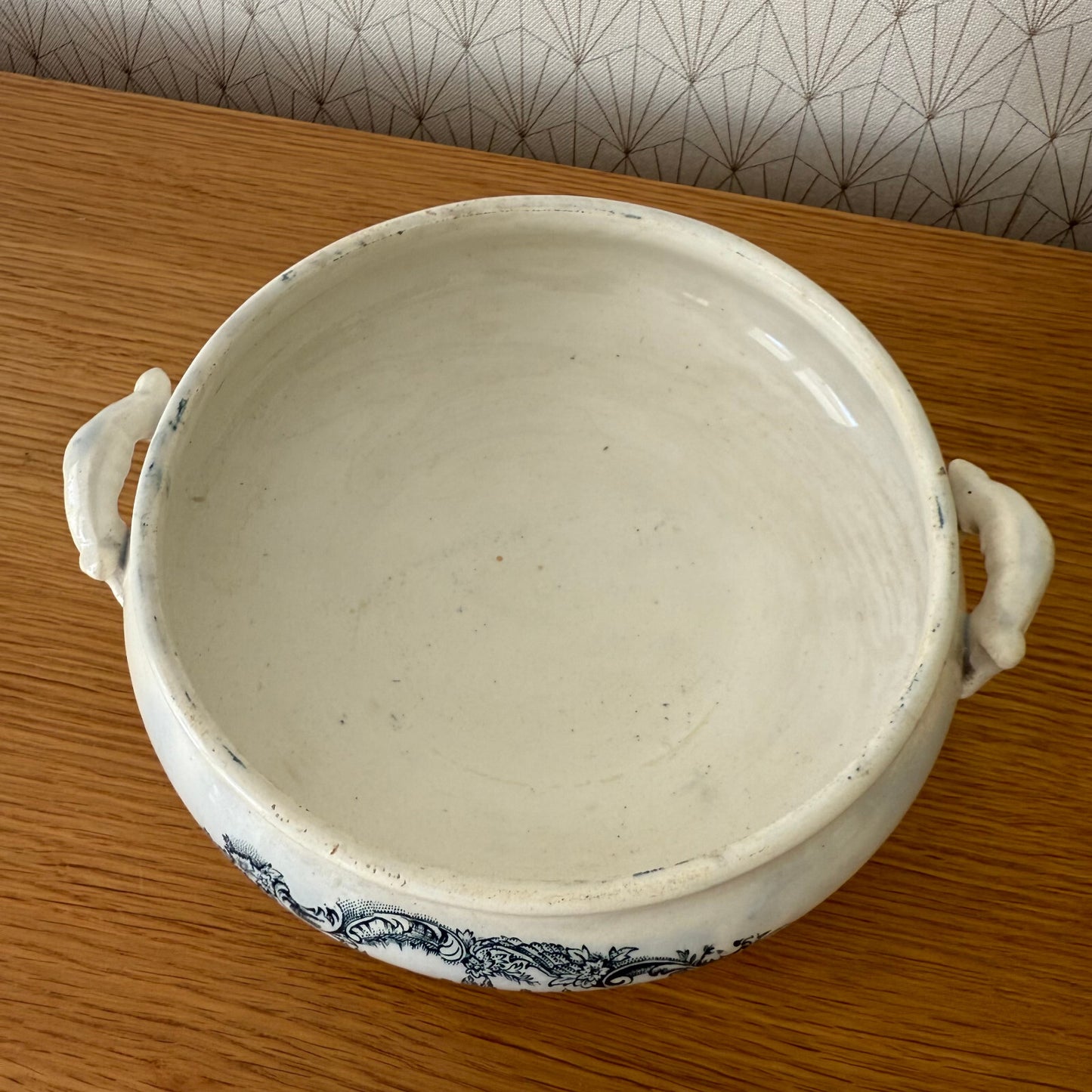 French Tureen Earthenware White Blue Fruits Bowl Terre De Fer Brigny 0405254