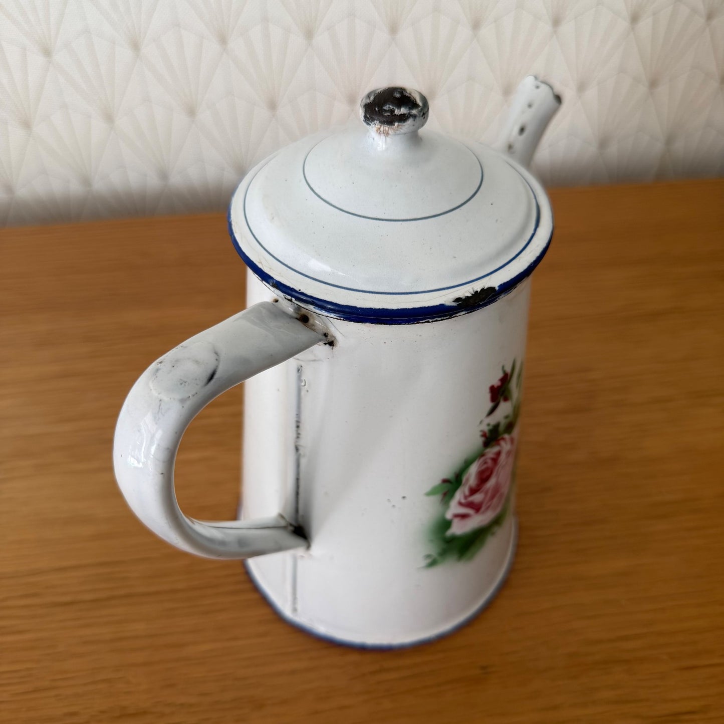 Antique French Enamel Coffee Pot Floral Rose White Blue Trim 0708265 Fleamarketfrance