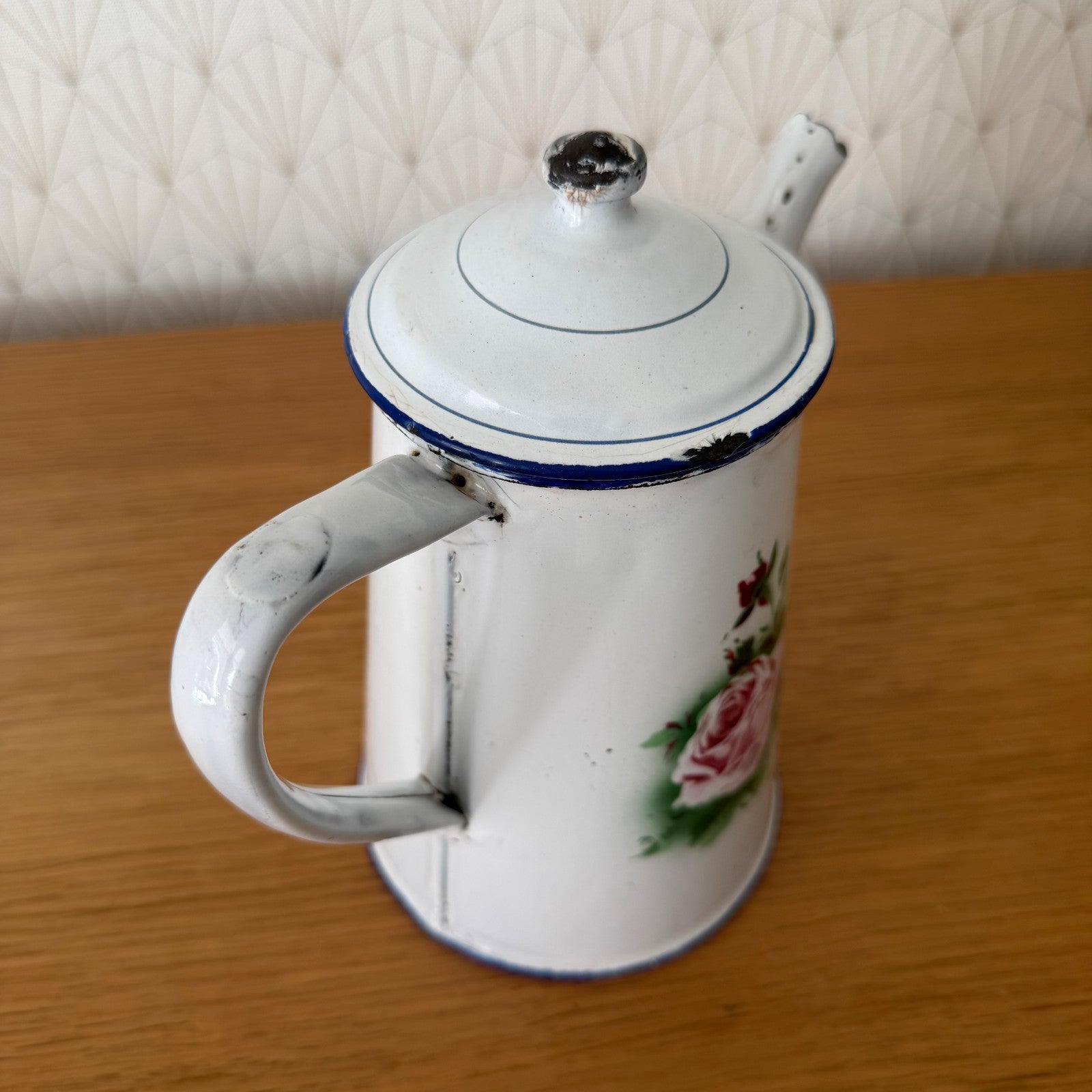 Antique French Enamel Coffee Pot Floral Rose White Blue Trim 0708265 Fleamarketfrance