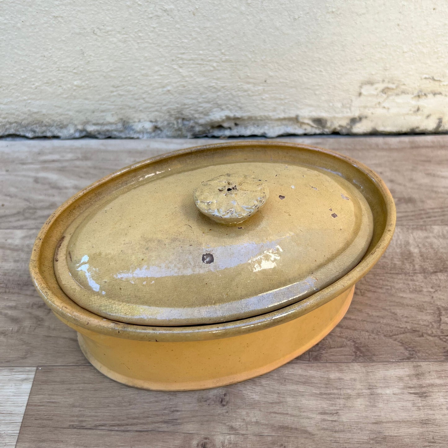 Vintage French Stoneware Terrine Yellow Glazed Ceramic Lidded Pot 0509243 Unmarked