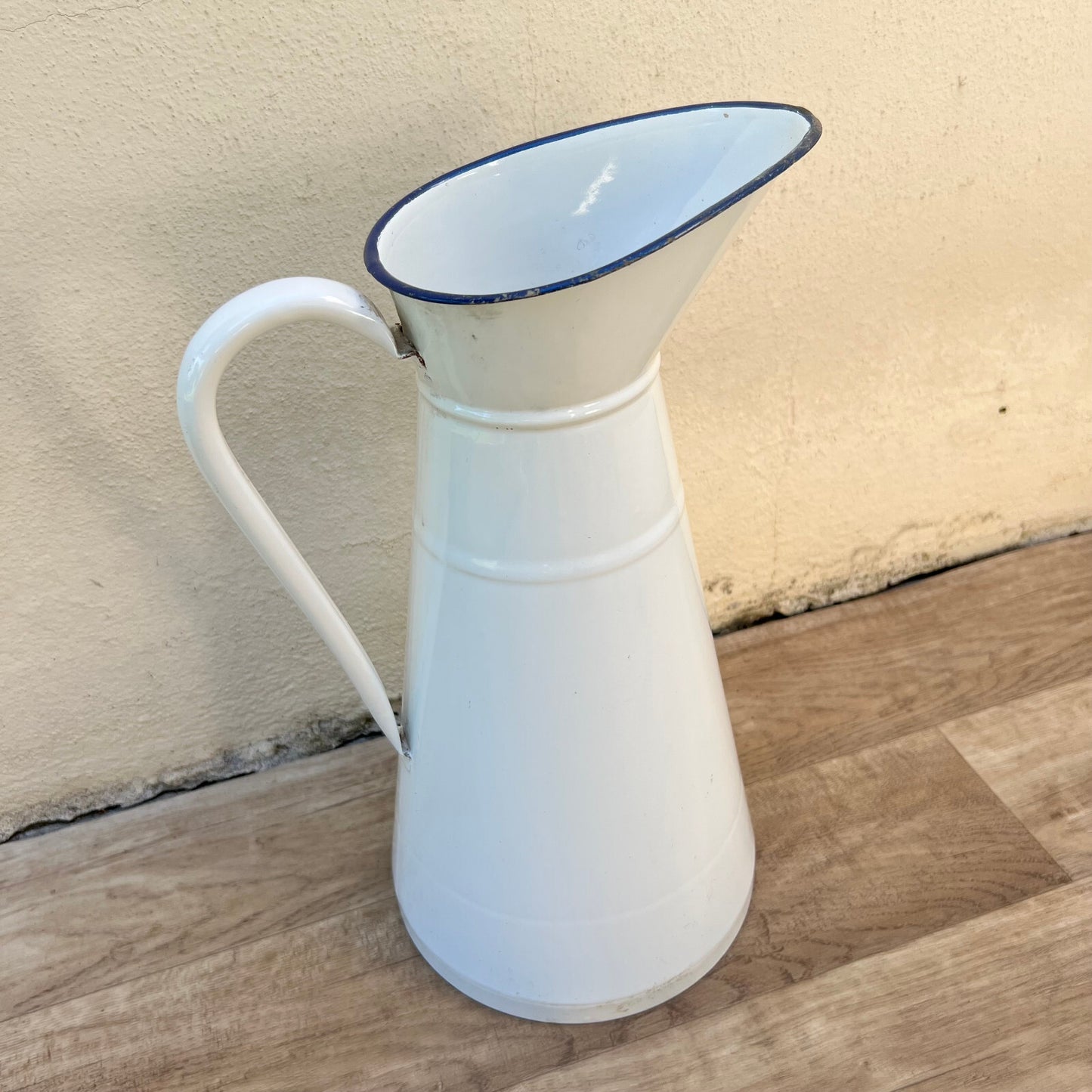 French Enamelware Pitcher White Blue Rim Antique Water Jug Vintage 1008223 Duralex