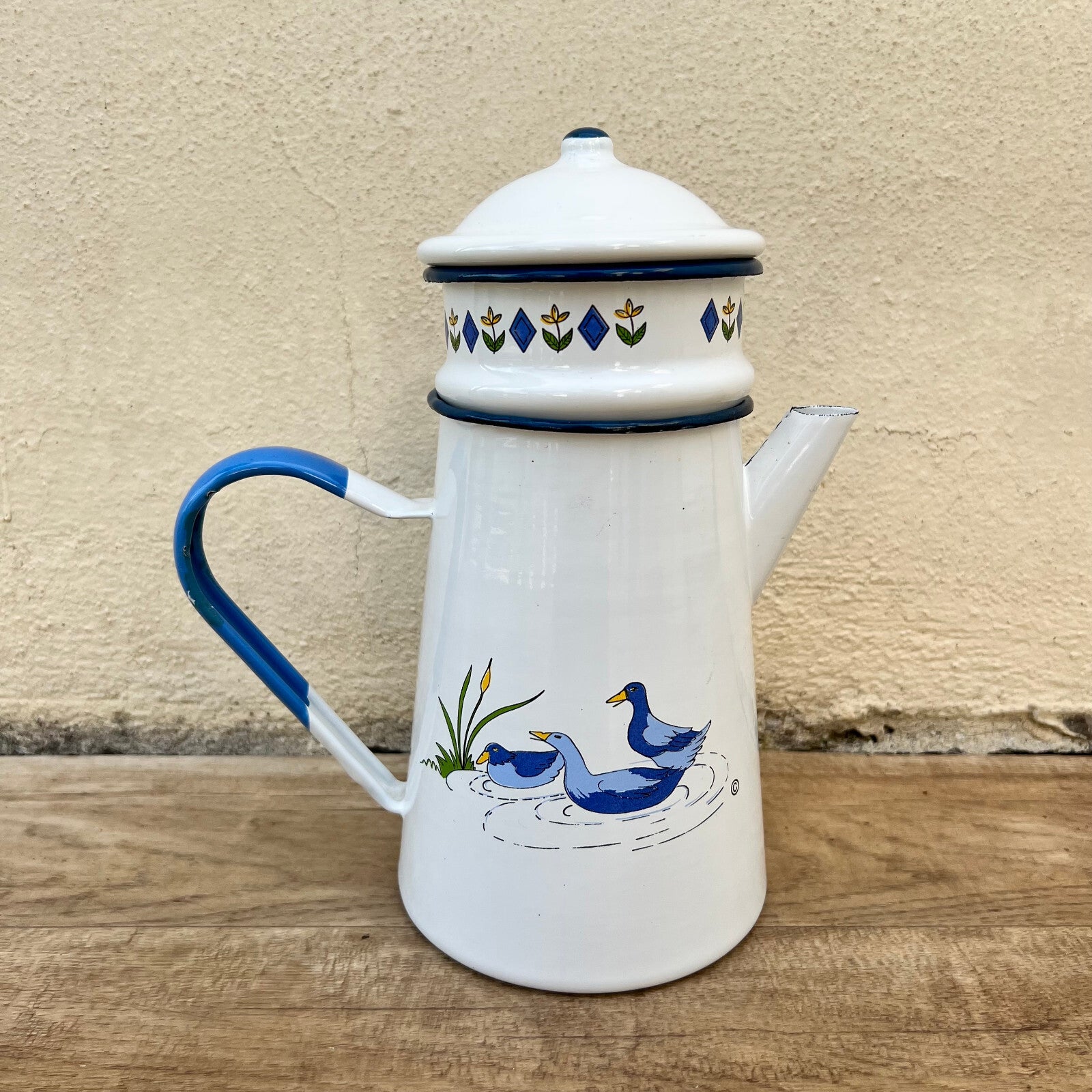 French Enamelware Coffee Pot Duck Pattern White Blue Vintage 26052217 White