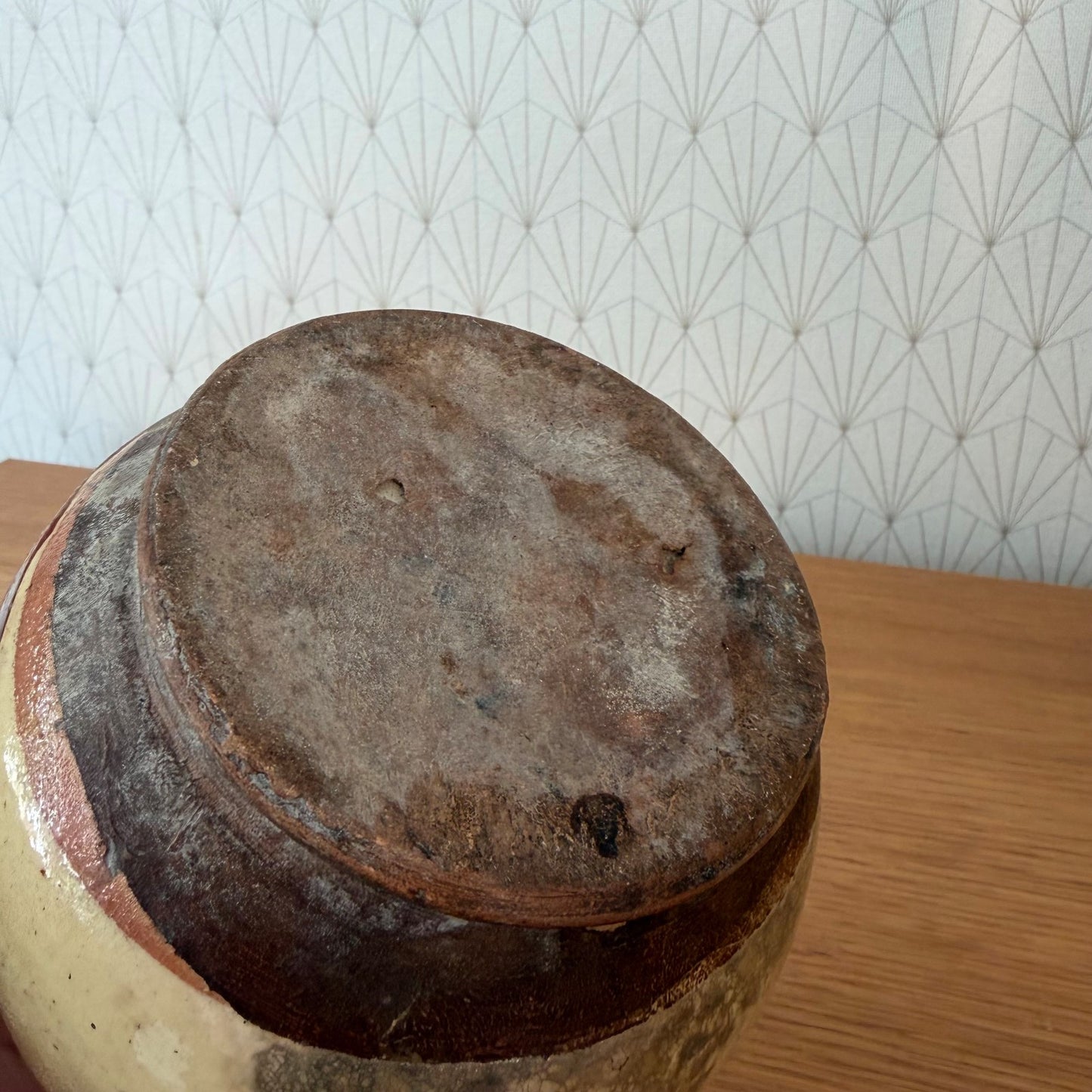 Vintage French Honey Pot Glazed Terracotta Yellow Marbled Brown Round 1006264 Unmarked