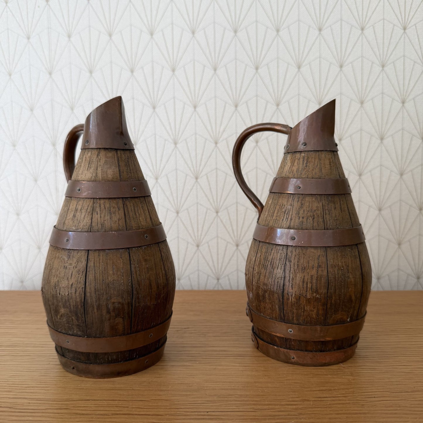 Antique French Wooden Wine Pitchers Staved Wood Metal Cider Jugs 0405261 Fleamarketfrance