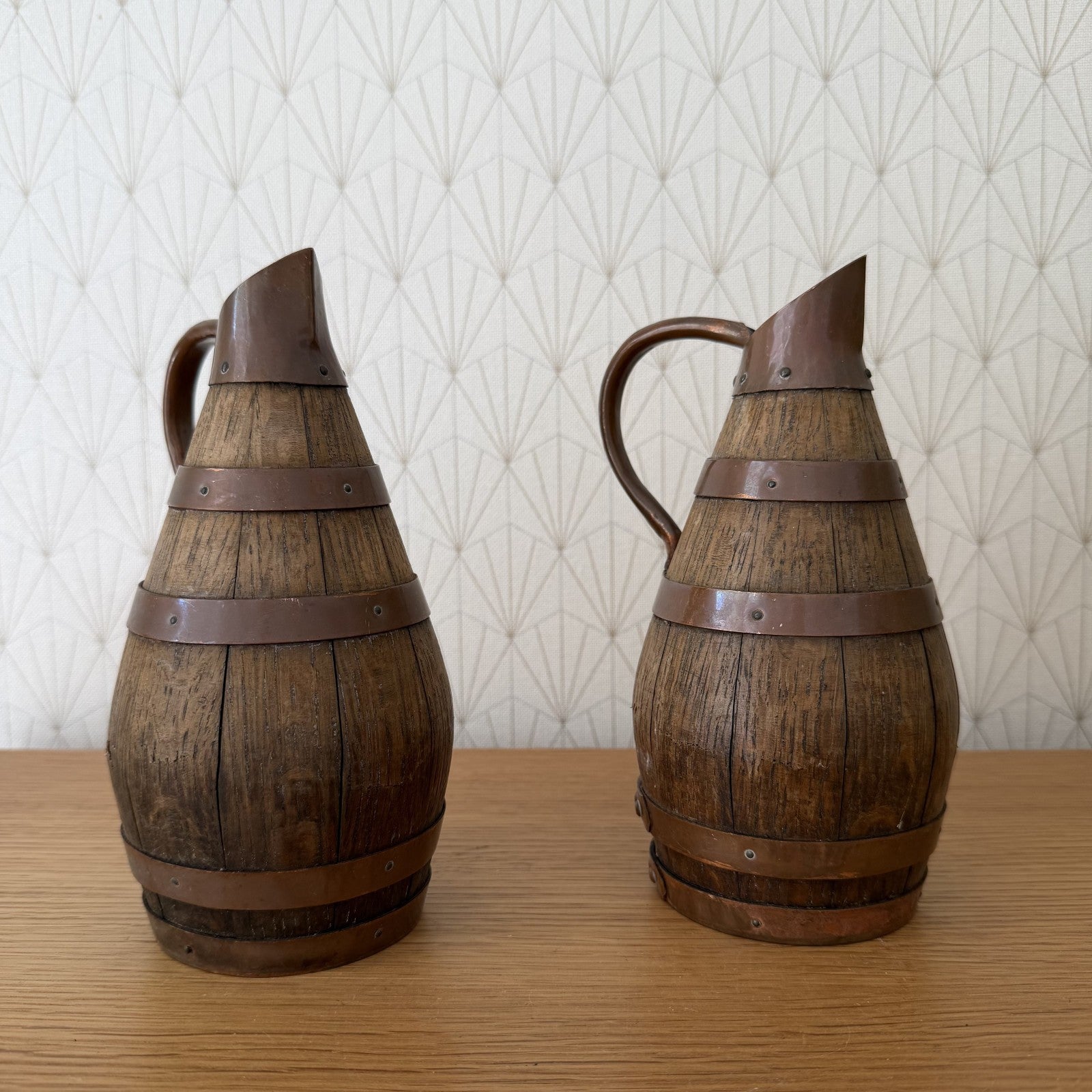 Antique French Wooden Wine Pitchers Staved Wood Metal Cider Jugs 0405261 Fleamarketfrance
