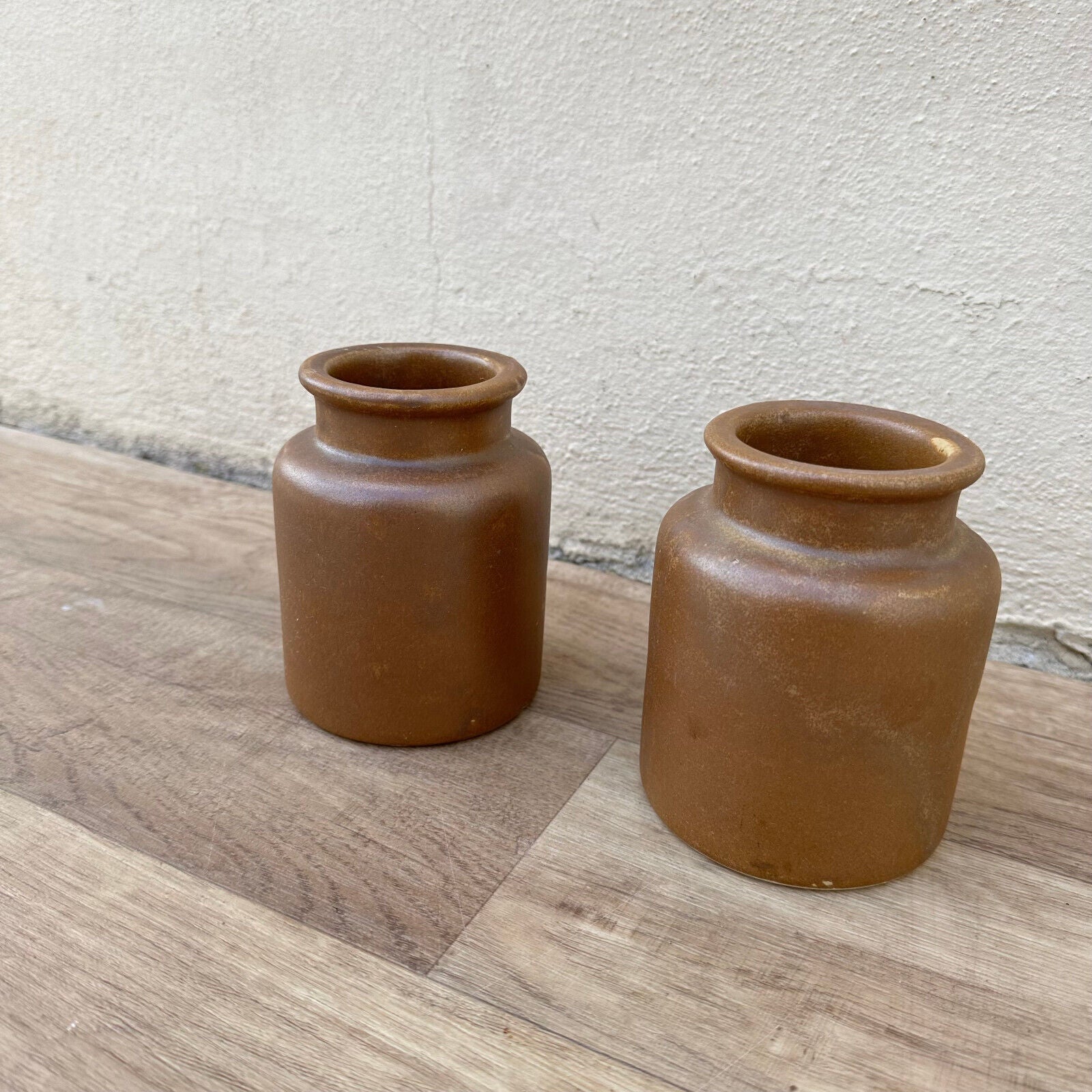 2 HANDMADE FRENCH GLAZED BROWN ANTIQUE STONEWARE MUSTARD POTS 1209246 - Fleamarketfrance