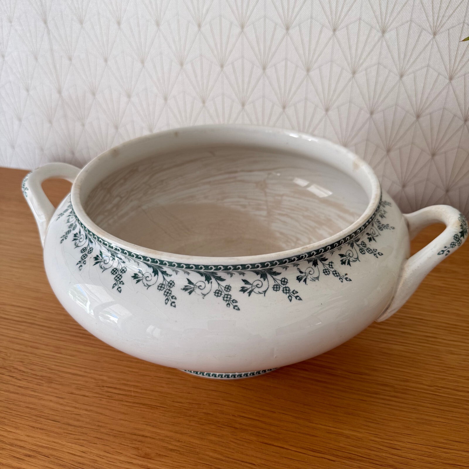 French Vintage Tureen Montigny Green White Earthenware Soup Bowl 0405252 Fleamarketfrance