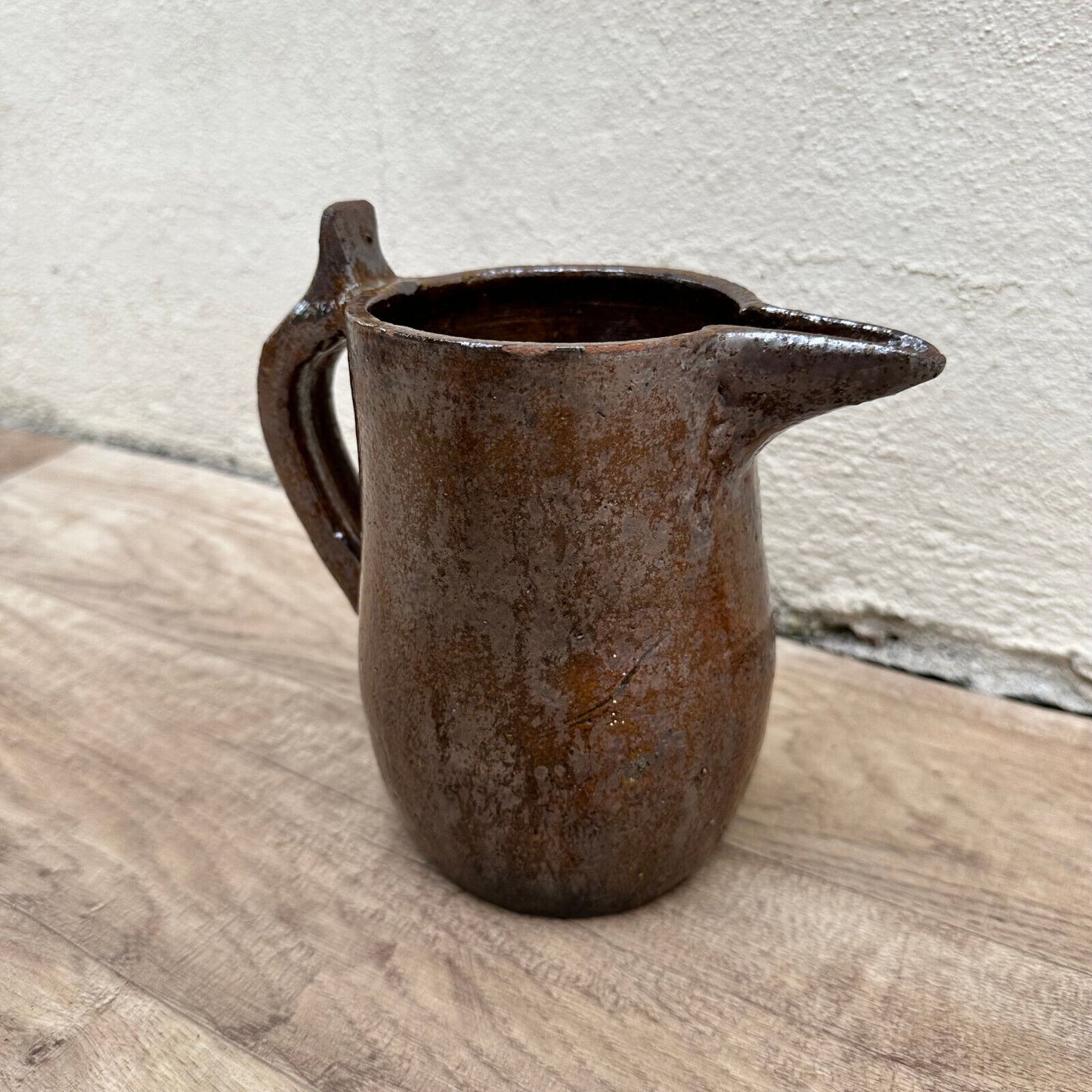 HANDMADE GLAZED BROWN VINTAGE FRENCH PITCHER 1611238 - Fleamarketfrance