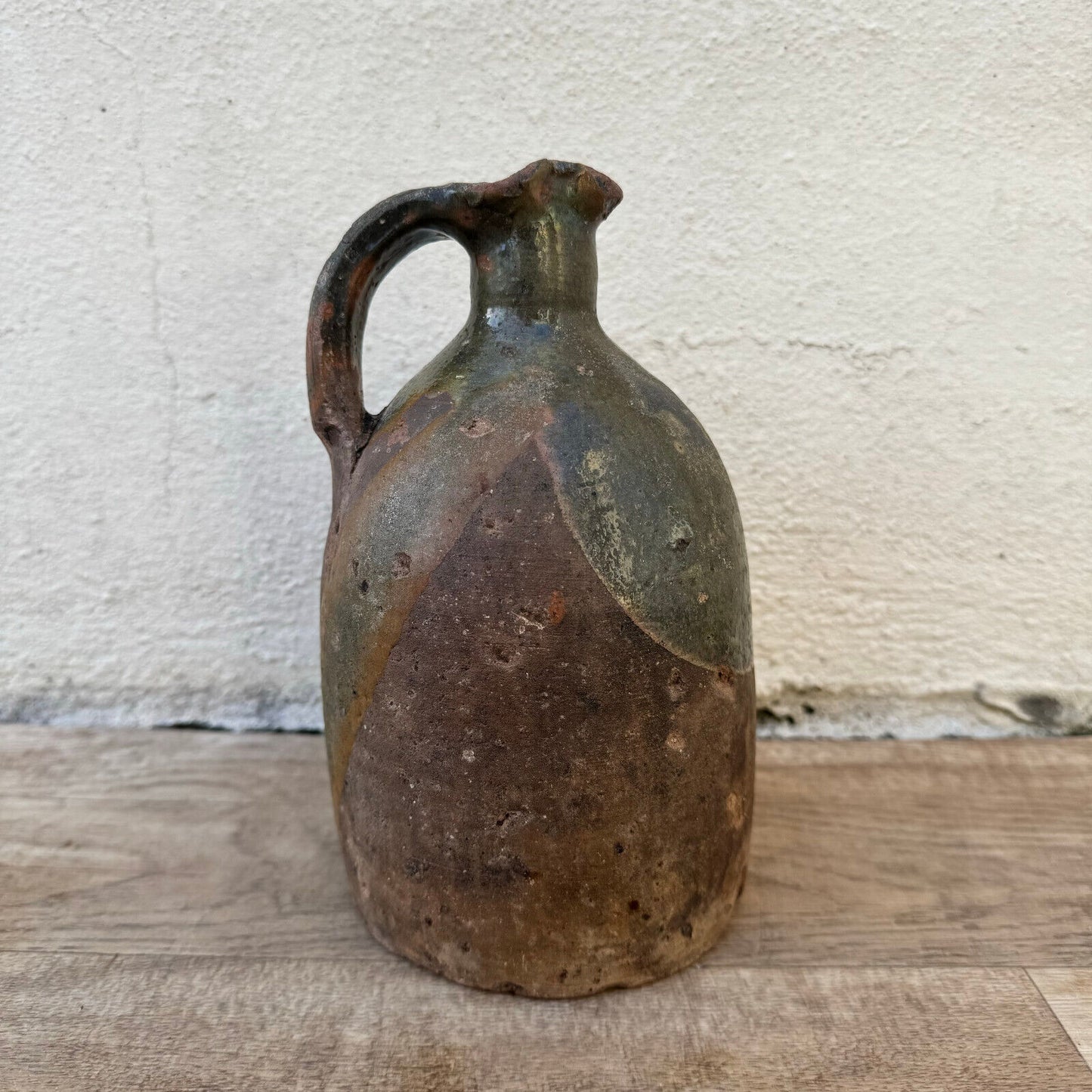 ANTIQUE HANDMADE GLAZED BEIGE BROWN FRENCH TERRA COTTA JUG PITCHER 06022416 - Fleamarketfrance