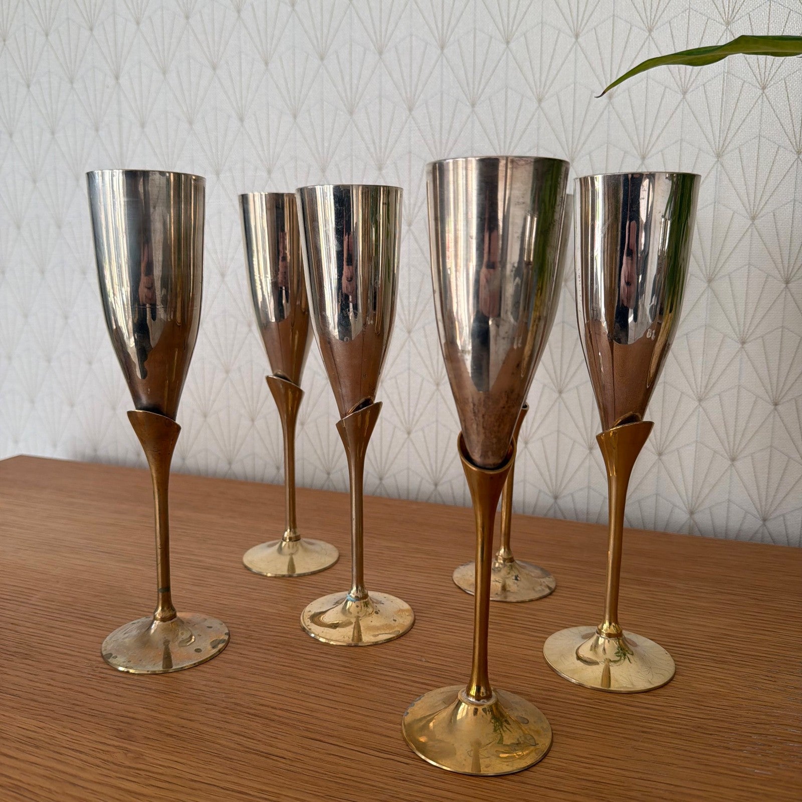 Vintage 6 silver gold champagne flutes silverplate glasses set 1905262 International Silver