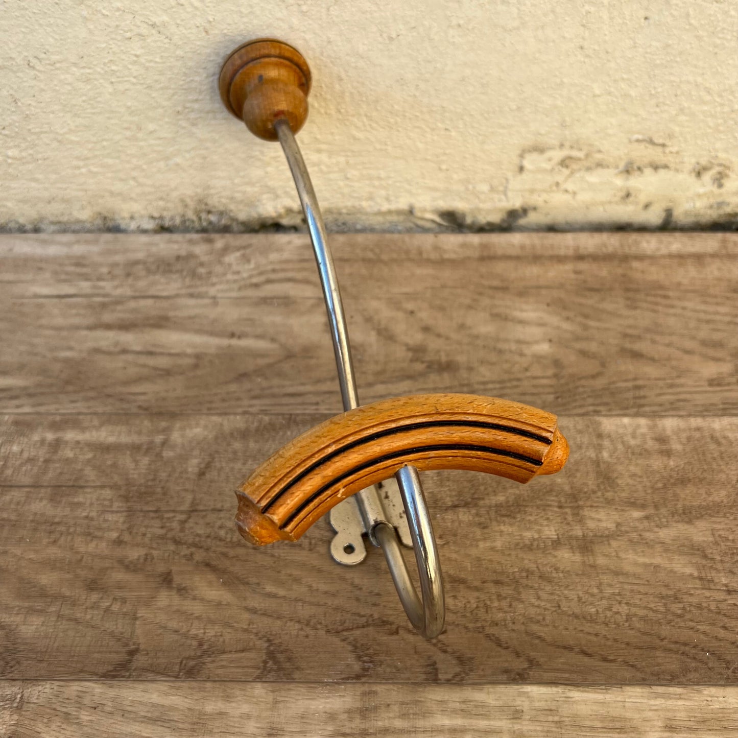 French Vintage Coat Hook Wall Mount Wood Metal Swing Arm 1950s 0903253 Unbranded