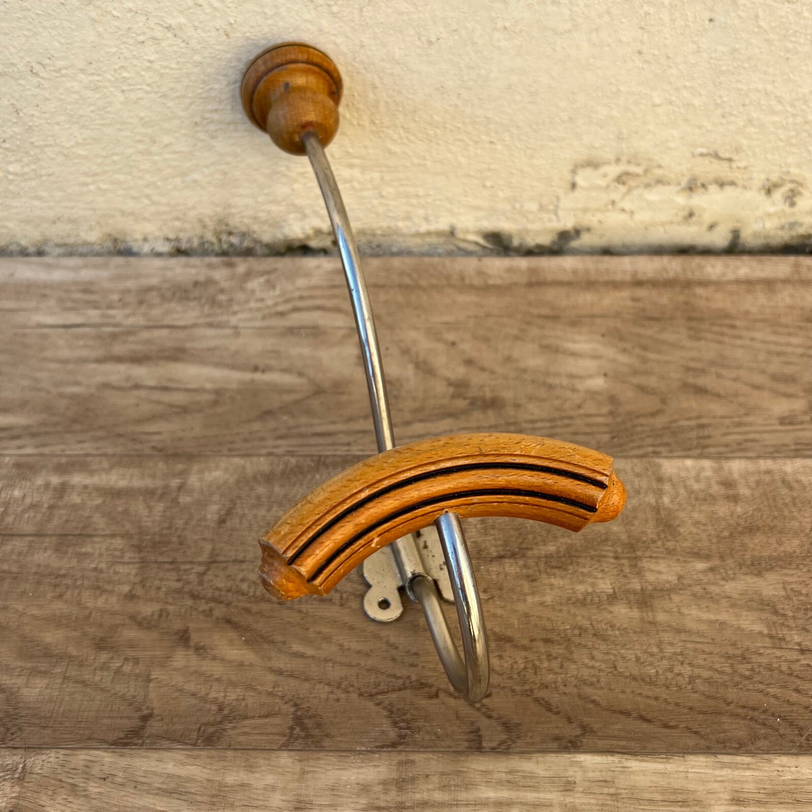 French Vintage Coat Hook Wall Mount Wood Metal Swing Arm 1950s 0903253 Unbranded