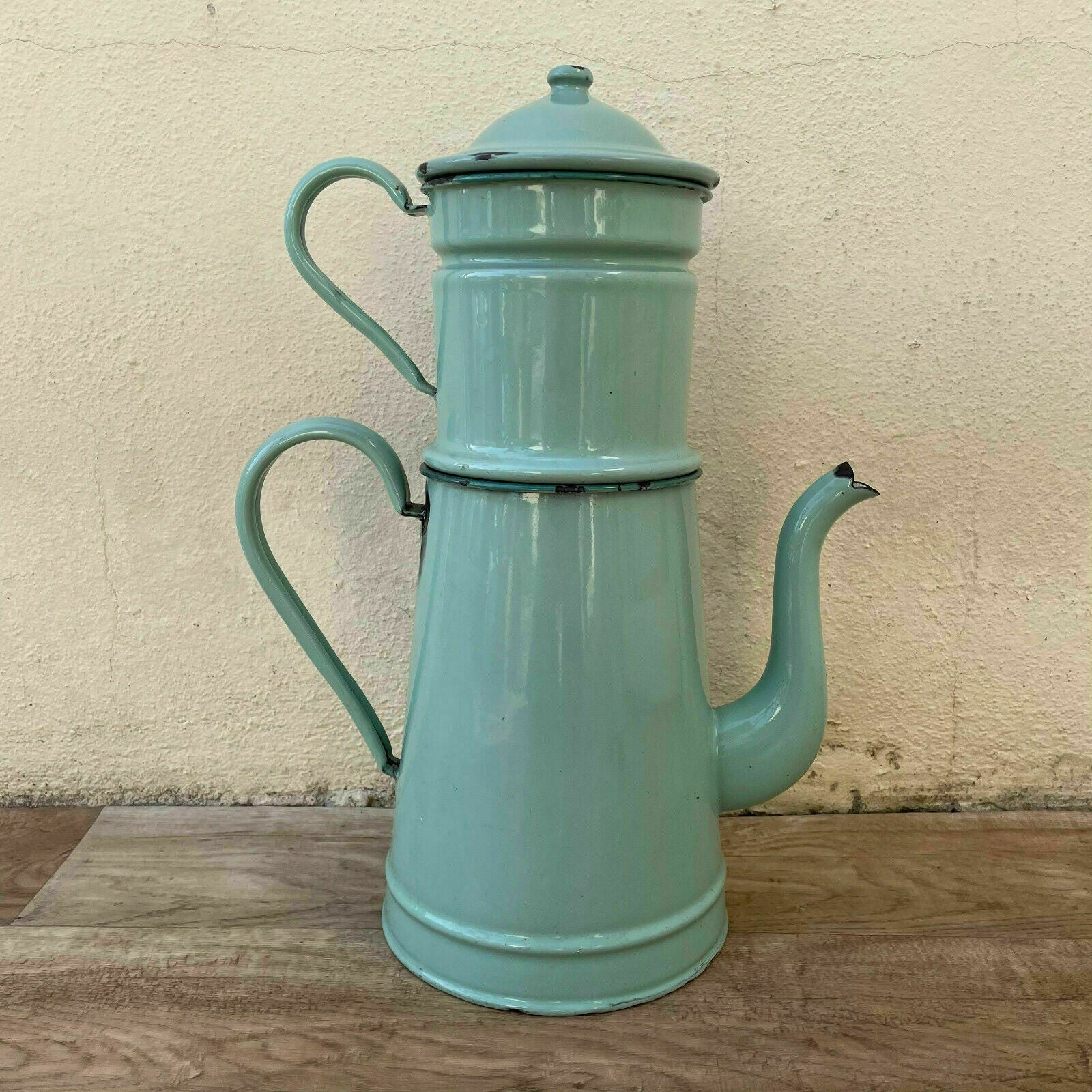 TALL Vintage French Enamelware Enameled green Enamel Coffee Pot 1804212 - Fleamarketfrance