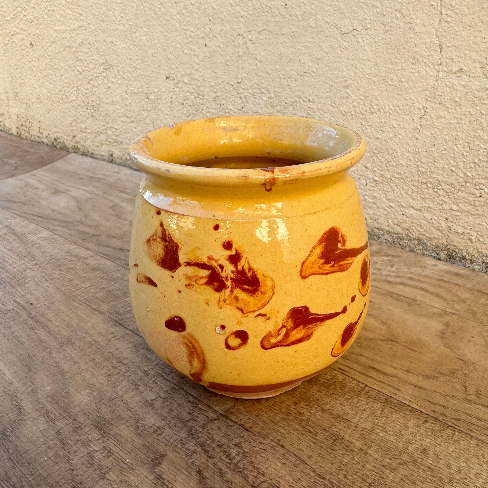 HANDMADE GLAZED RED YELLOW ANTIQUE FRENCH HONEY POT TERRACOTTA 12022511 - Fleamarketfrance