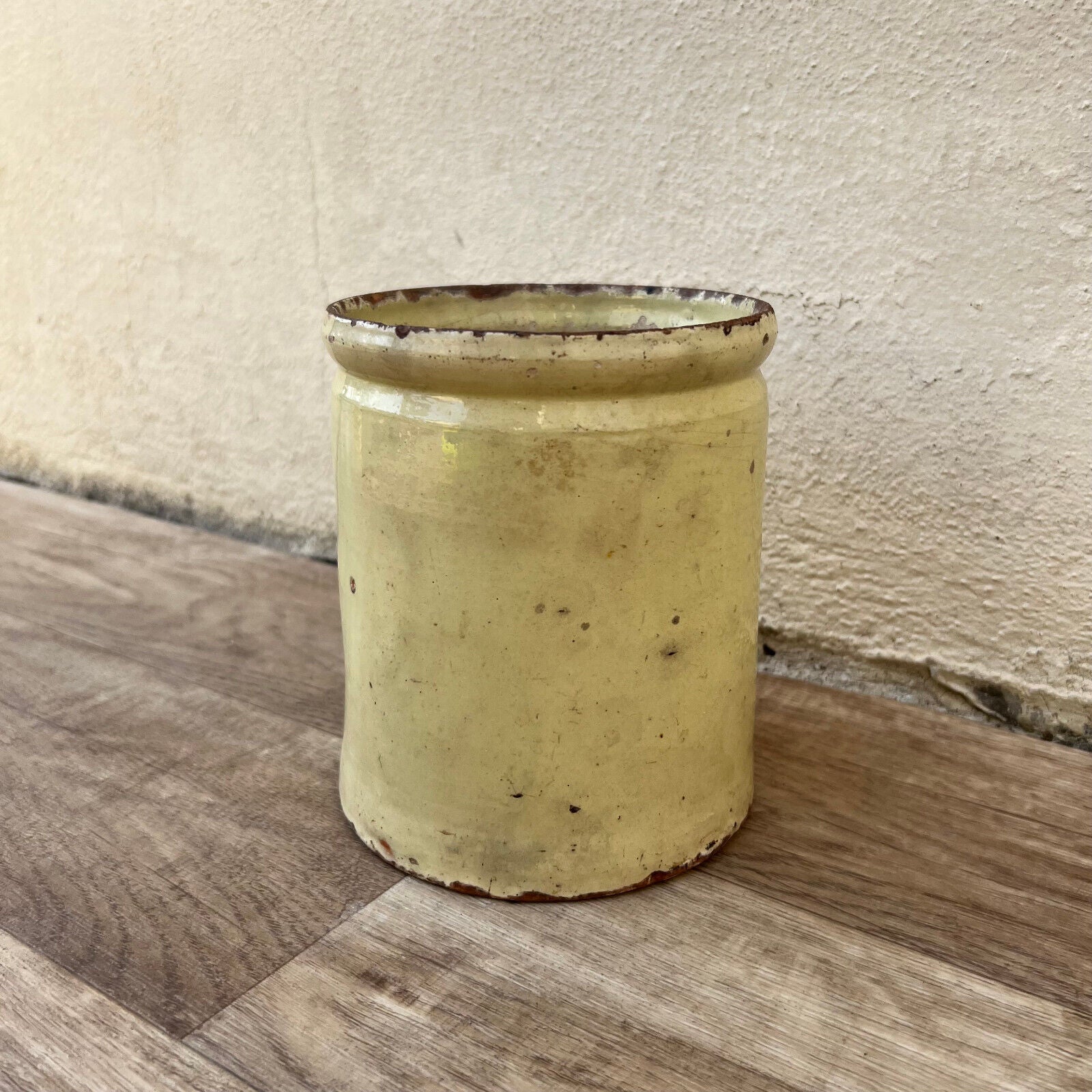 HANDMADE GLAZED YELLOW ANTIQUE FRENCH CONFIT JAM POT SMALL TERRACOTTA 6" 1210246 - Fleamarketfrance