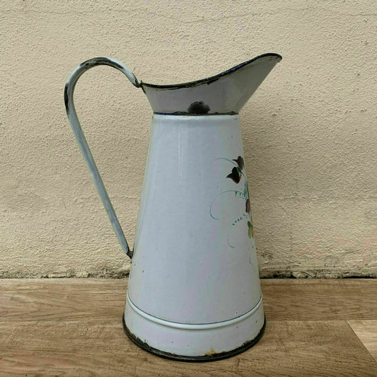 Antique French Enamelware Pitcher Purple Floral White Water Jug 0604194 Unbranded