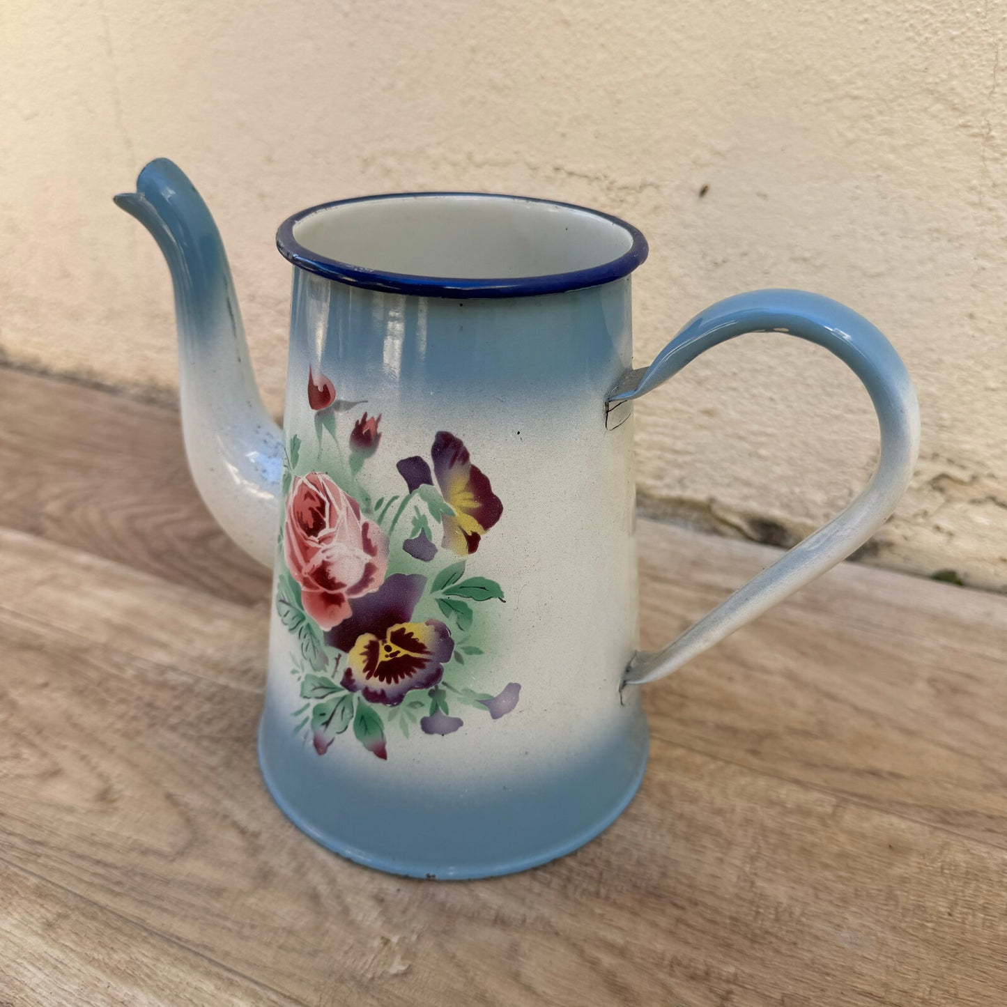 Vintage French Enamelware Coffee Pot Blue Floral Roses Pansies 2309243 Fleamarketfrance