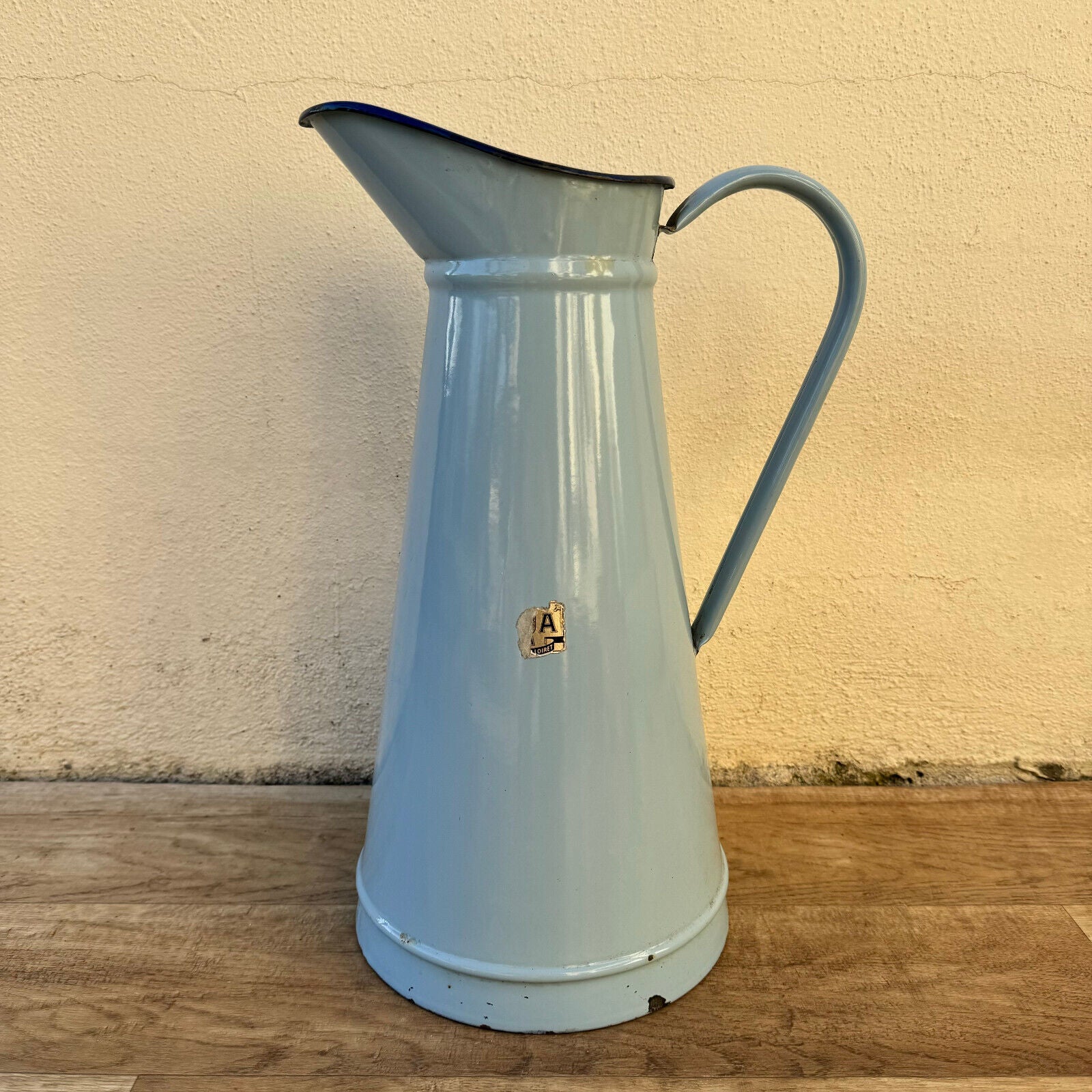 Vintage French Enamel Pitcher Jug Water Enameled Blue Grey 1302254 - Fleamarketfrance