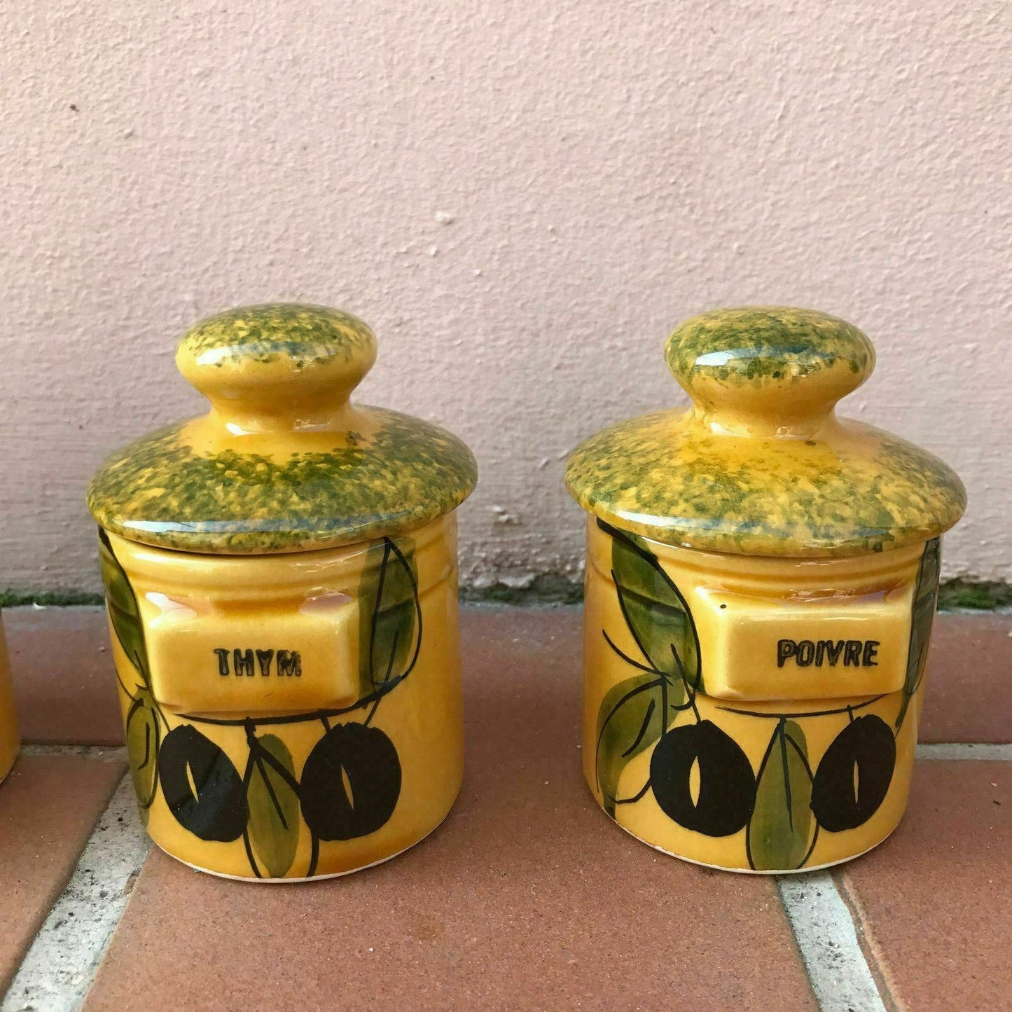 VINTAGE french pottery herbs canister kitchen pots HAND PAINTED 12041716 - Fleamarketfrance