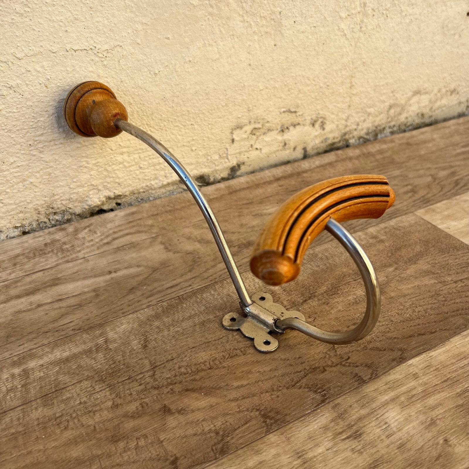 French Vintage Coat Hook Wall Mount Wood Metal Swing Arm 1950s 0903253 Unbranded
