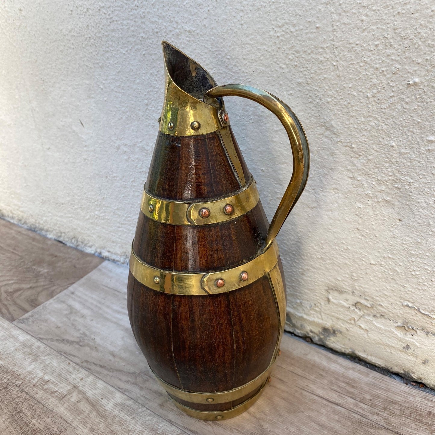 Antique French Wooden Wine Pitcher Staved Wood Brass Bands Cider Jug 07072612 Fleamarketfrance