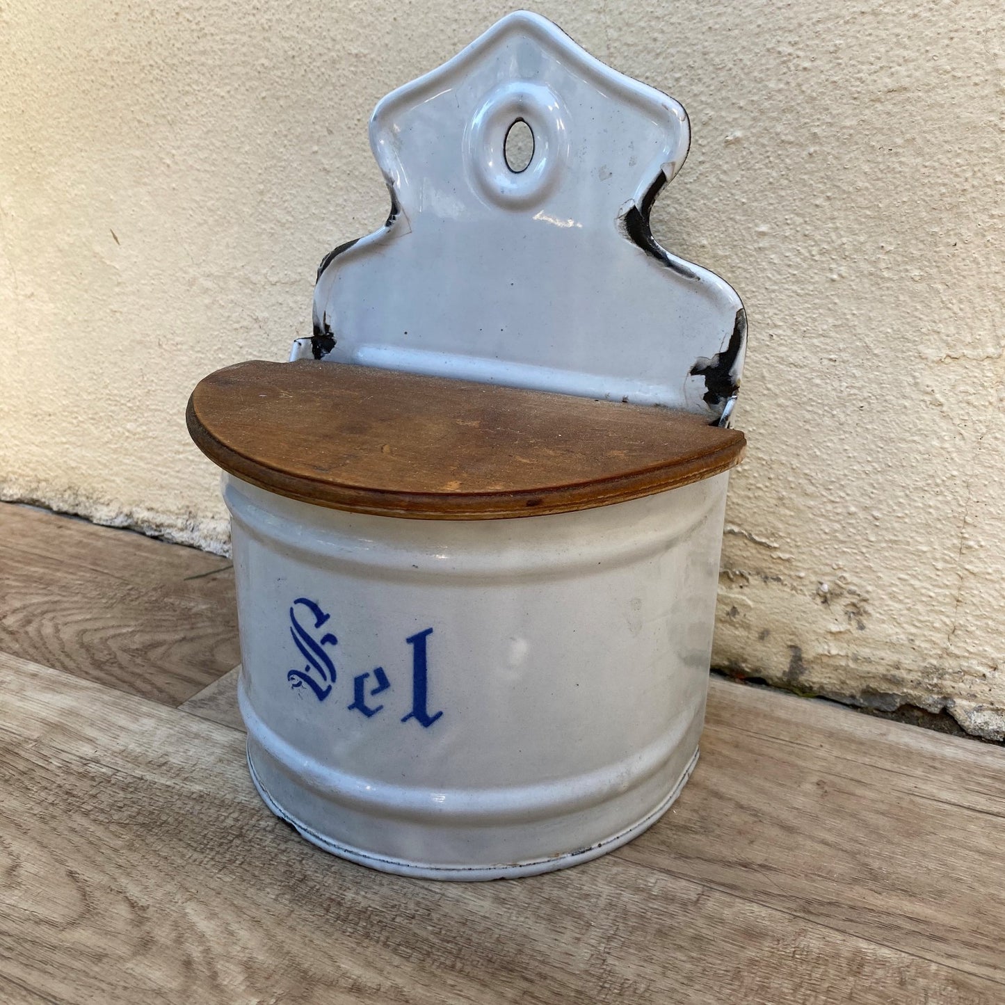 French Enamel Wall Mount Salt Box Container With Wood Lid 04072620 Unbranded
