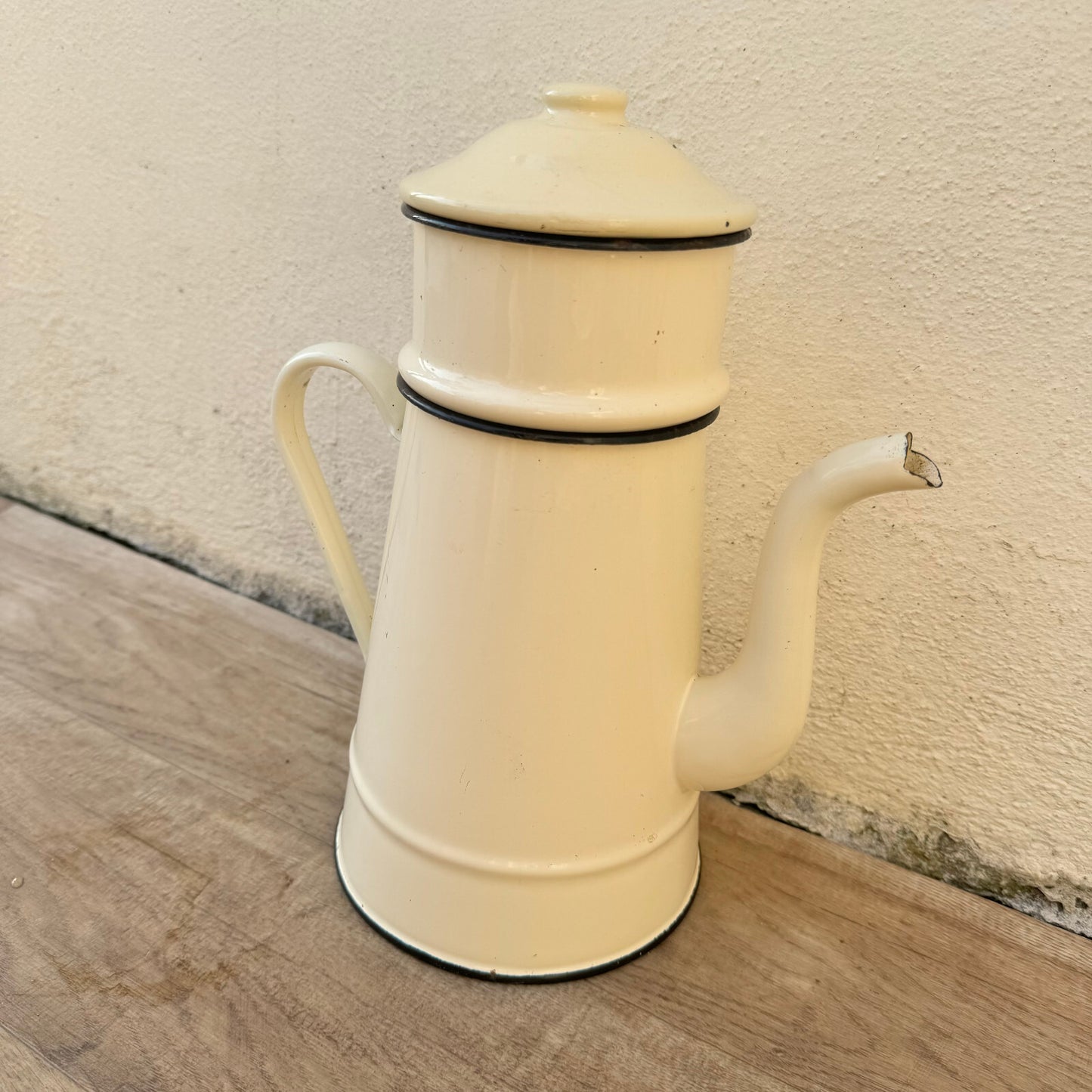 French Enamelware Coffee Pot Cream Black Trim Vintage Camping Kitchen 0602248 Fleamarketfrance