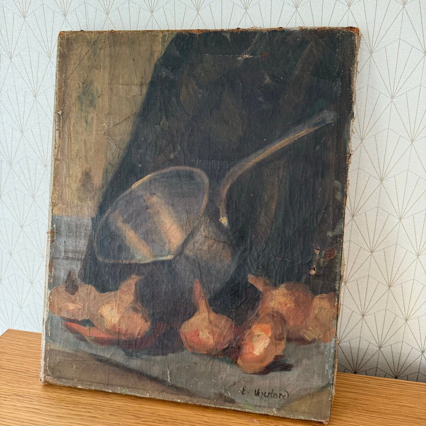 OLD Original Oil Painting still life Oignons vintage French signed 09112410 - Fleamarketfrance