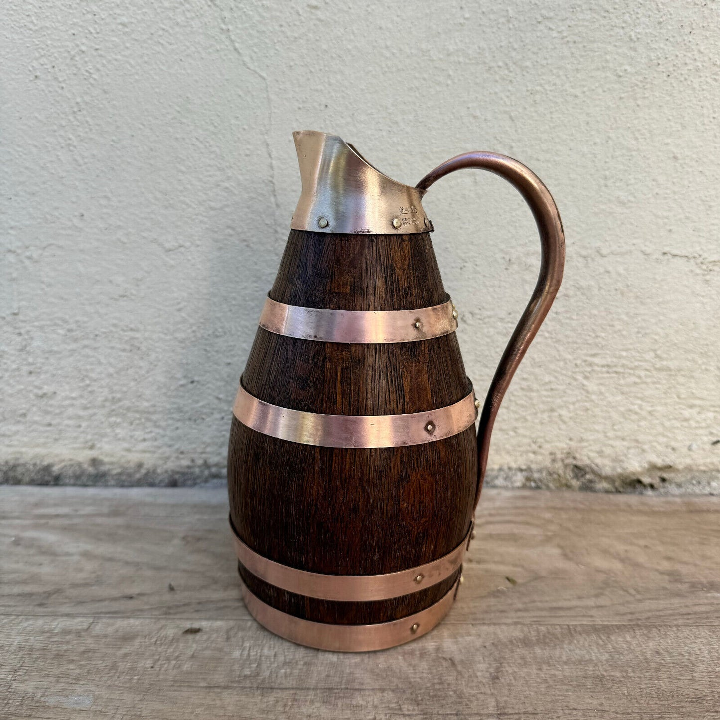 Vintage French Wooden Wine Cider Jug Pitcher Staved Wood Metal 7 3/4" 12062417 - Fleamarketfrance