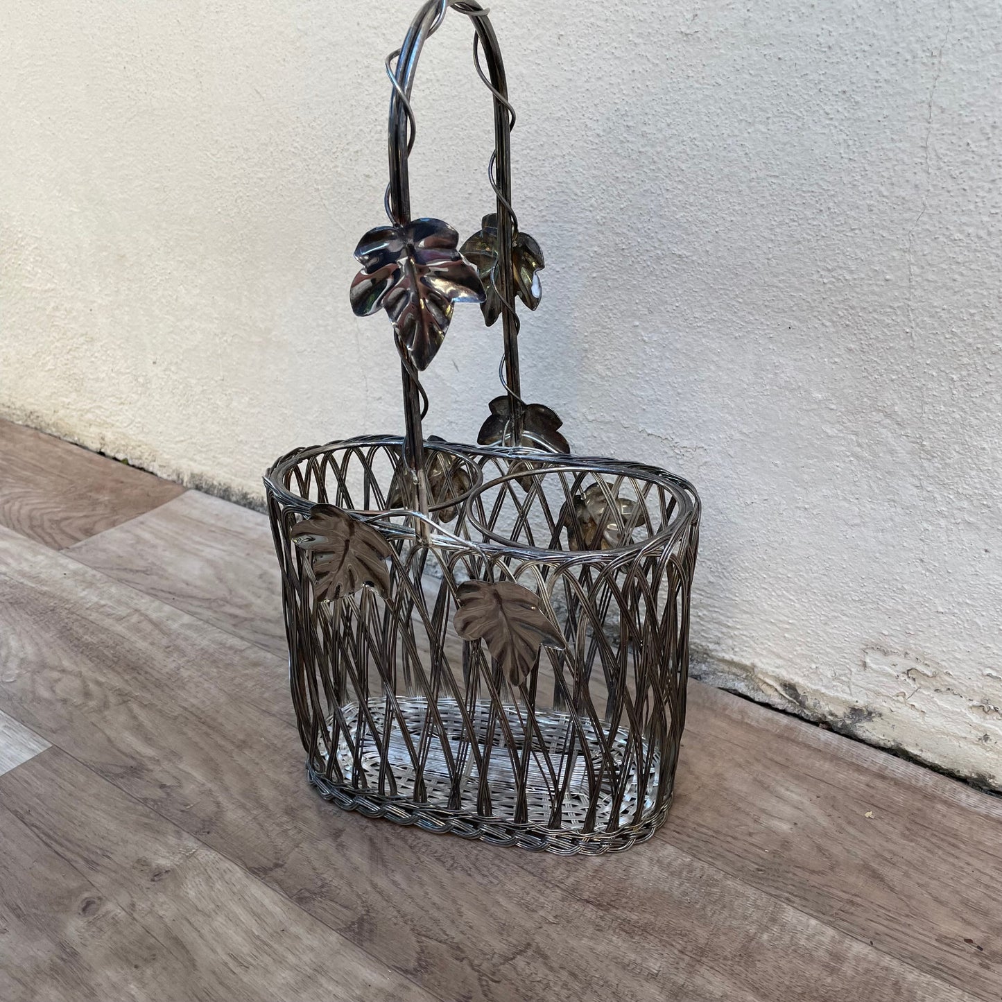 French Wire Basket Bottle Carrier Vintage Silverplate Grape Motif 2710229 Fleamarketfrance
