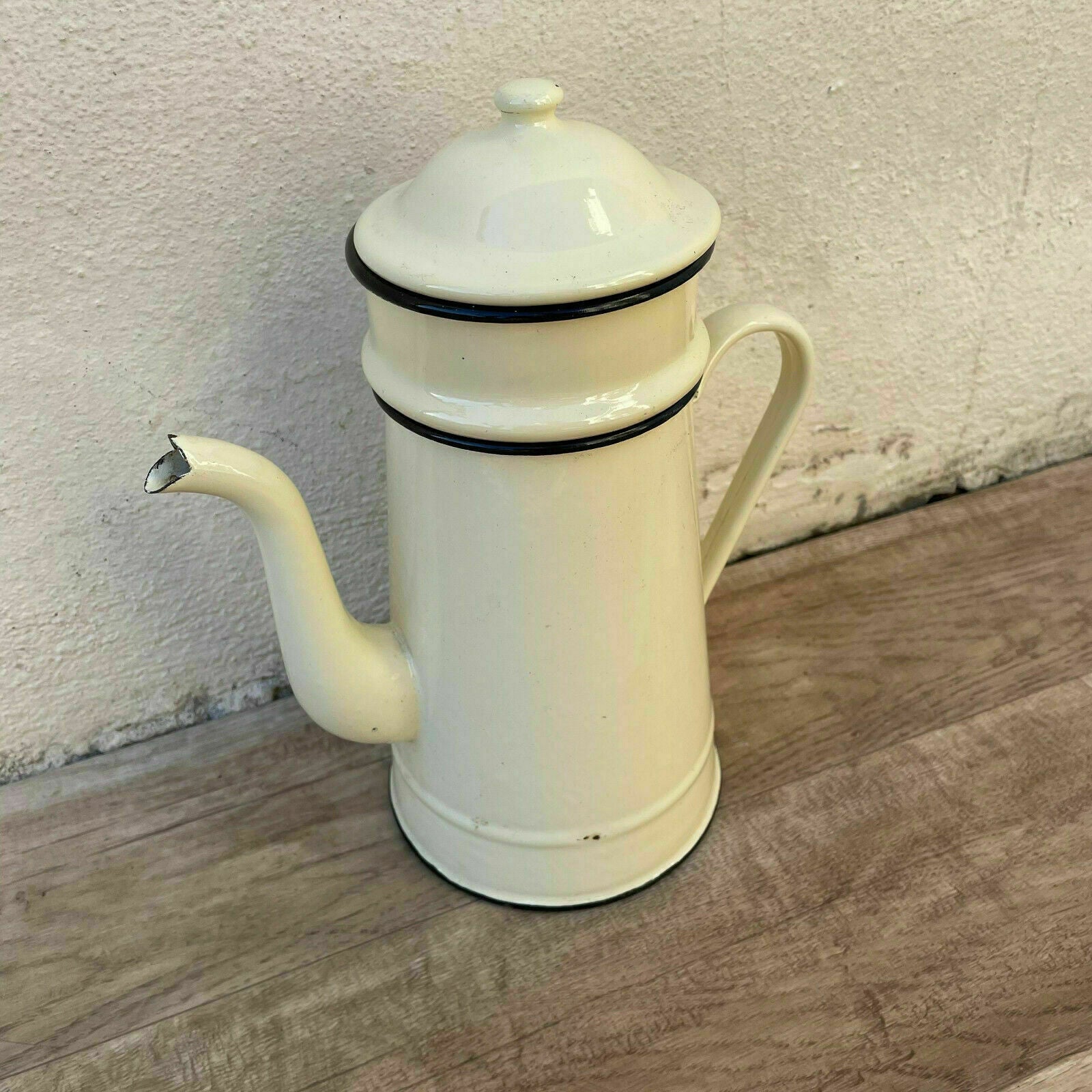 Vintage French Enamelware Enameled BEIGE Enamel Coffee Pot 0311215 - Fleamarketfrance