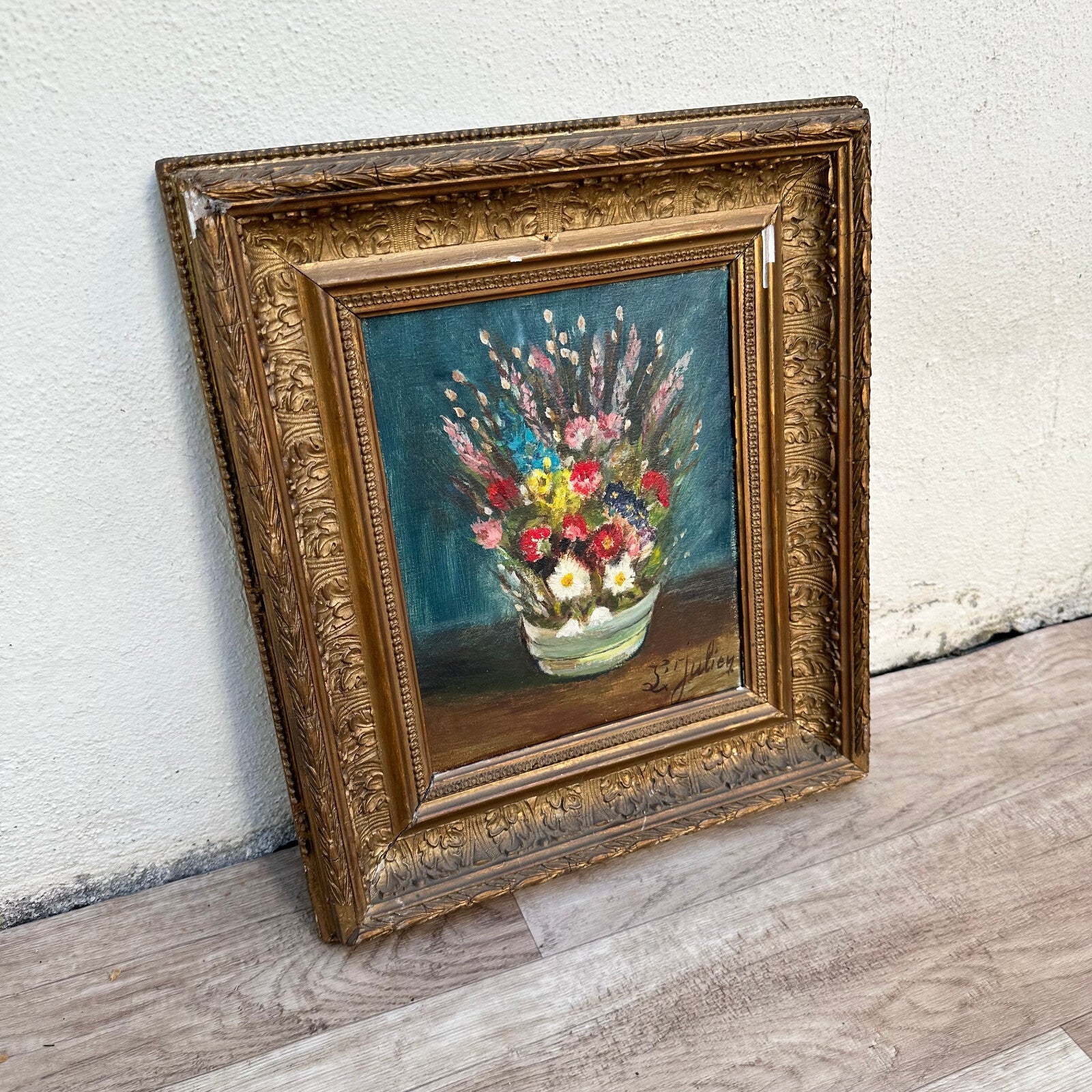 French Vintage Floral Still Life Oil Painting Signed L Julien Frame 01112329 Fleamarketfrance