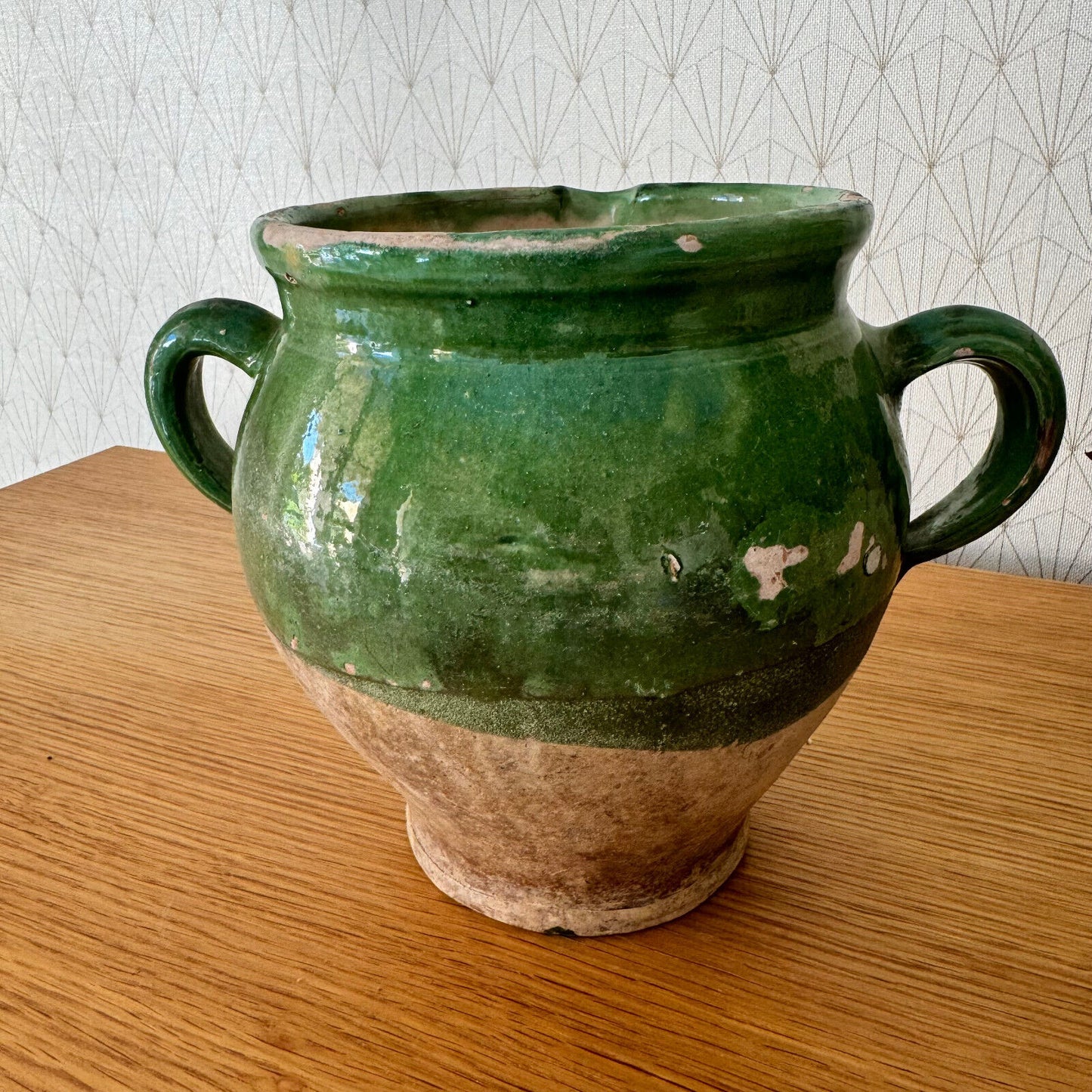 Green HANDMADE GLAZED POTERY TERRACOTA ANTIQUE FRENCH POT VASE PITCHER 13042413 - Fleamarketfrance