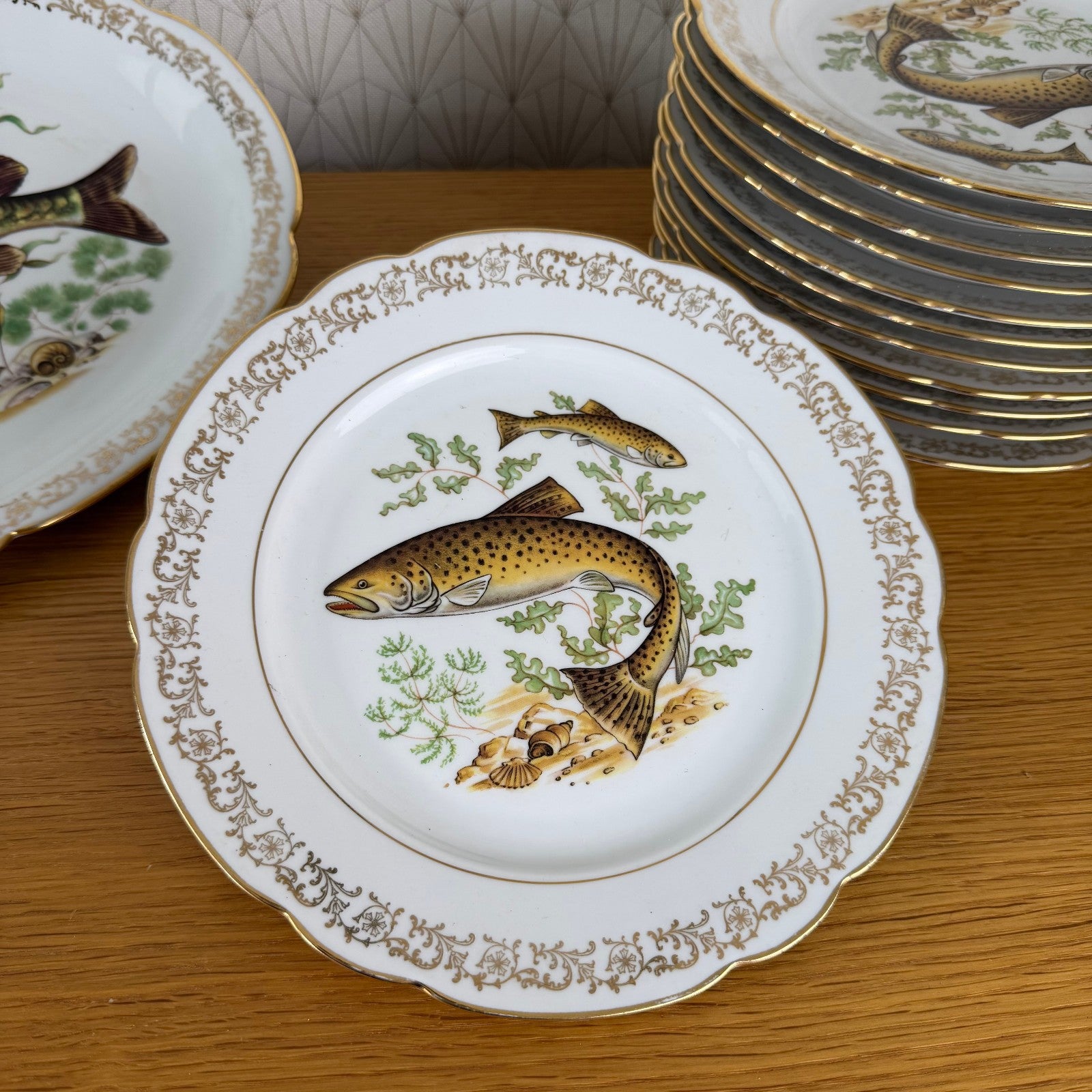 Vintage Bavarian Fish Plates Set 12 Dinner Plates Serving Tray 2710255 Limoges