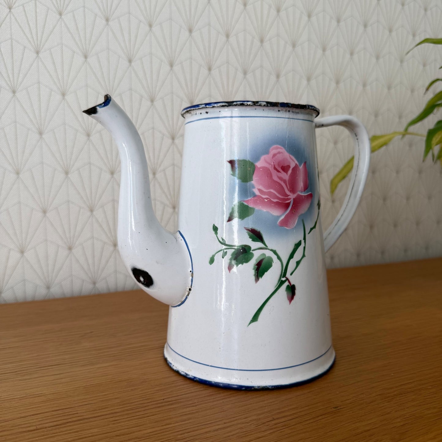 Vintage French Enamel Coffee Pot Rose Decor White Blue Trim 0708267 Fleamarketfrance