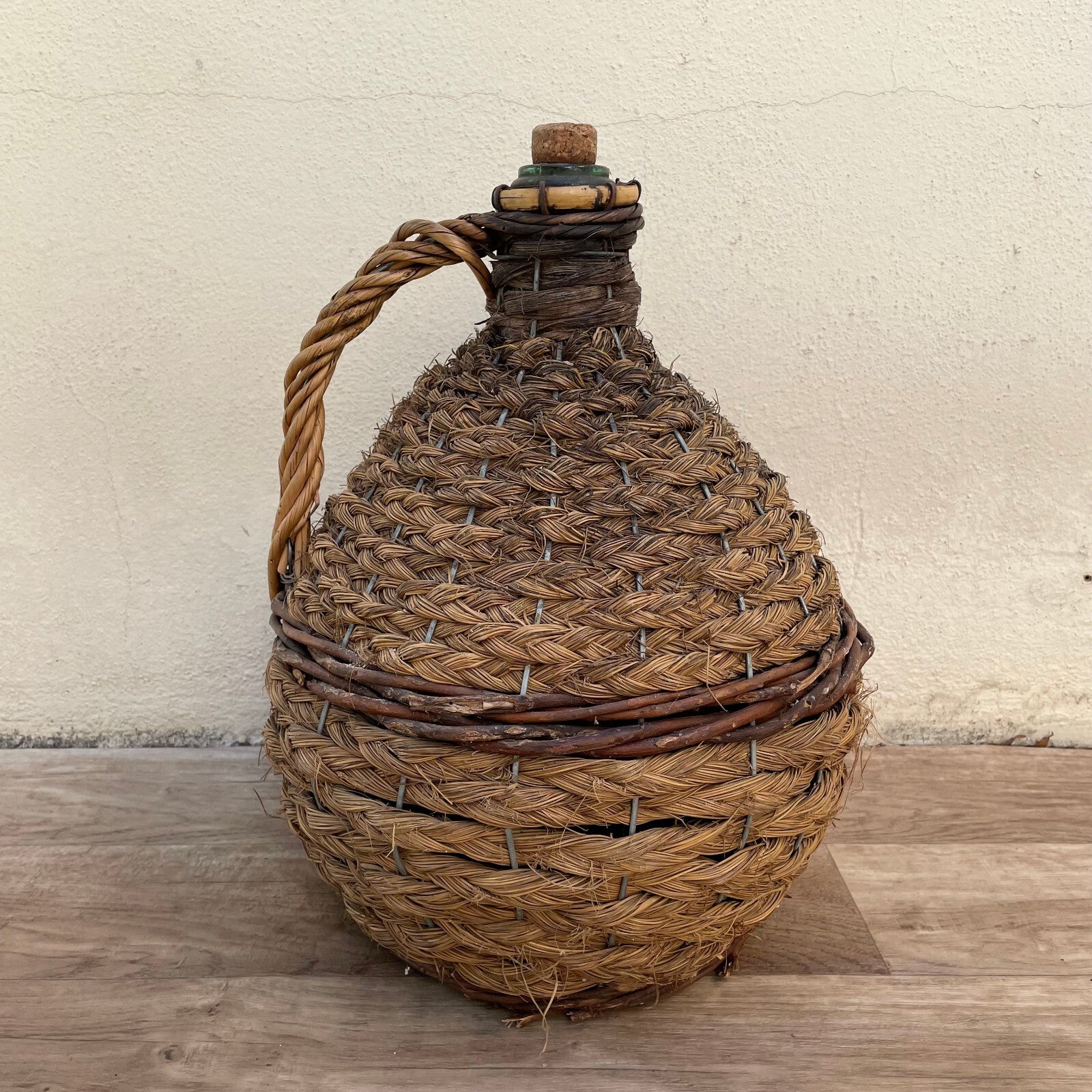 Vintage French Dame Jeanne Wicker Demijohn Green Glass Bottle 2710222 Fleamarketfrance