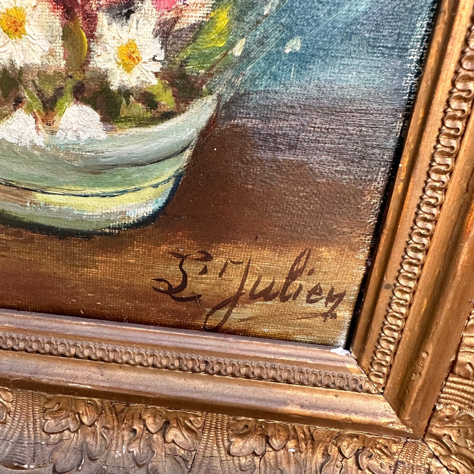 French Vintage Floral Still Life Oil Painting Signed L Julien Frame 01112329 Fleamarketfrance