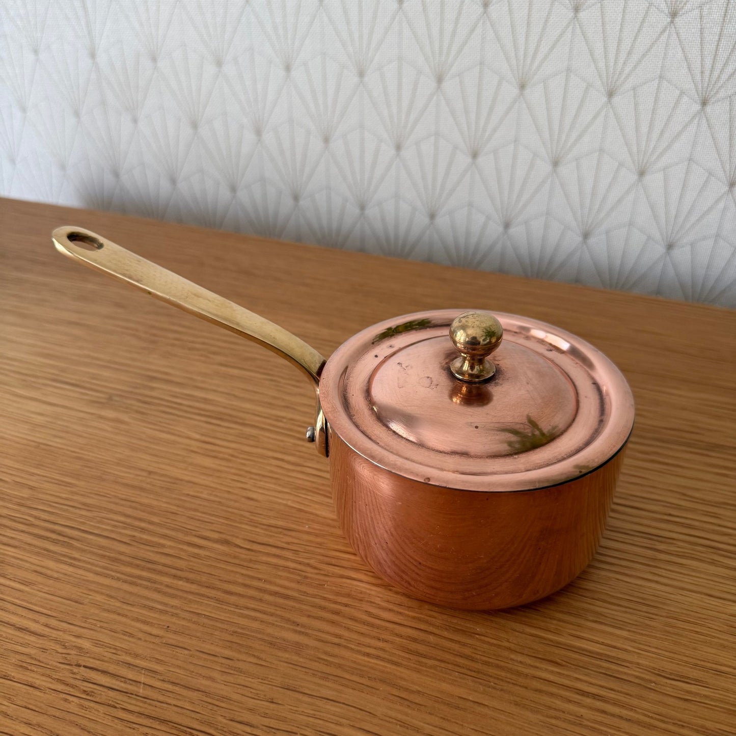 French Copper Saucepan Villedieu Brass Handle Lid Vintage 4" 25072510 villedieu