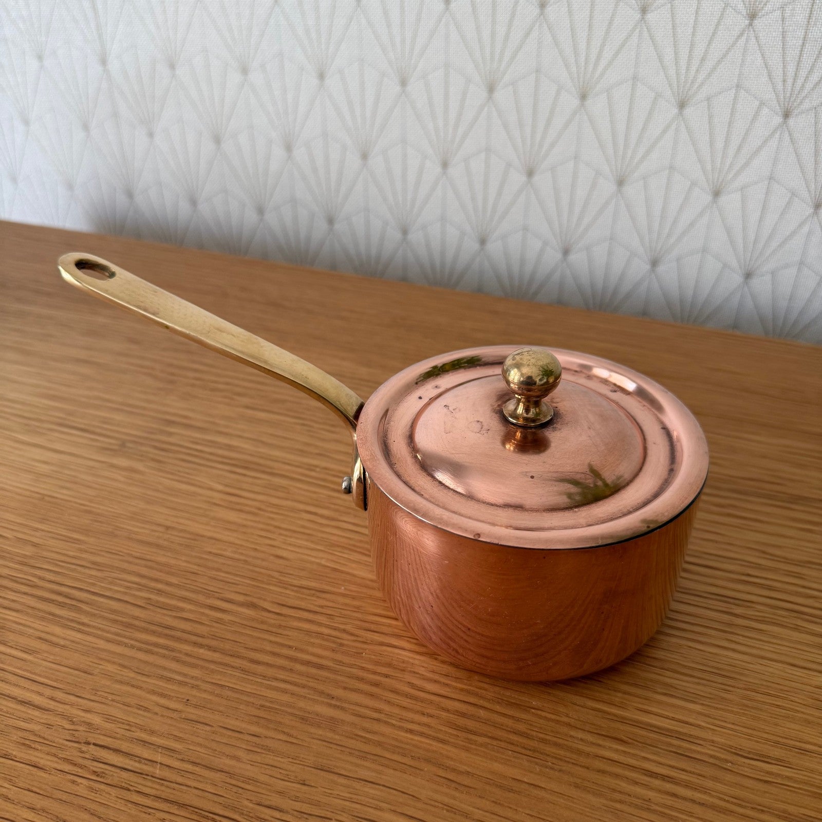 French Copper Saucepan Villedieu Brass Handle Lid Vintage 4" 25072510 villedieu