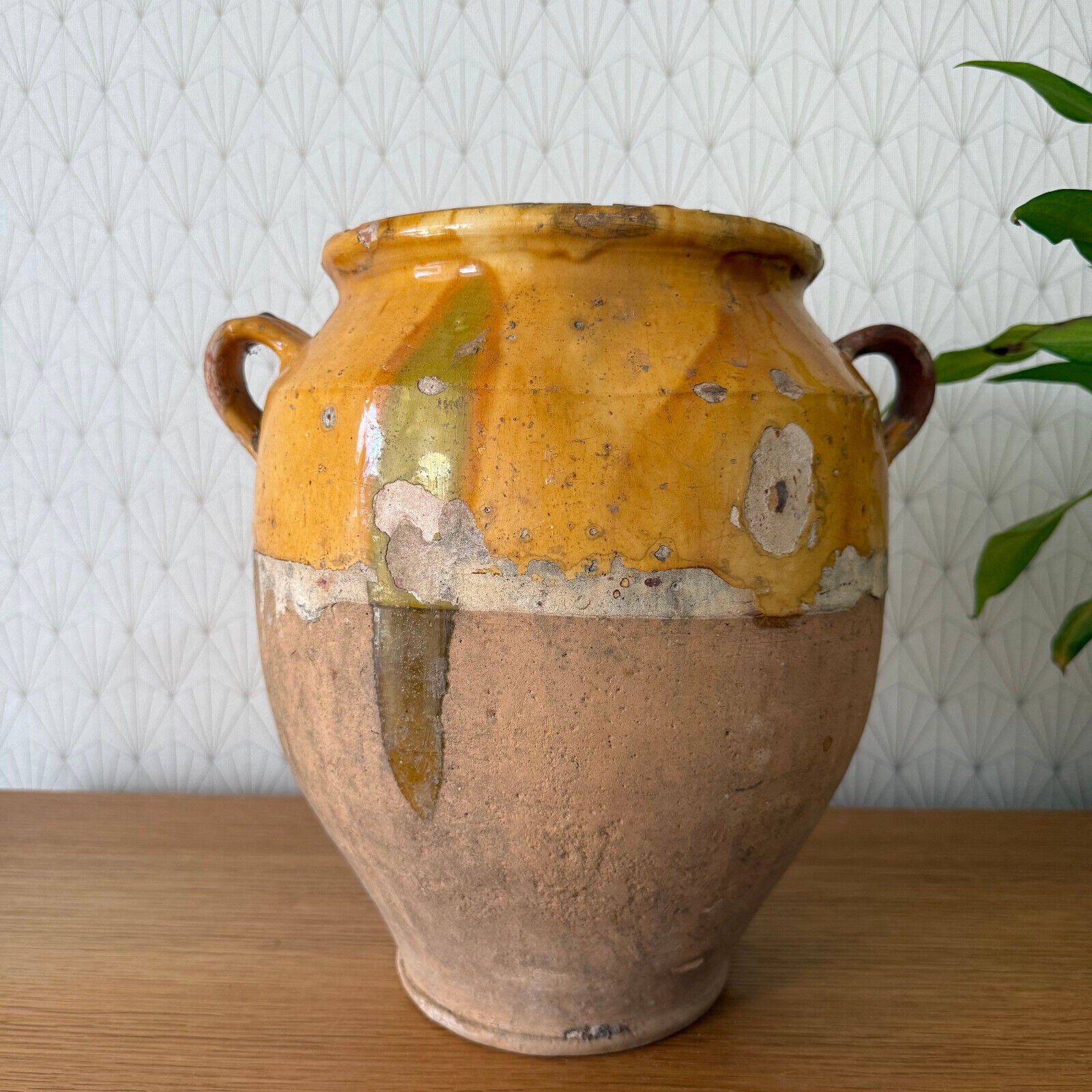 RARE BIG HANDMADE GLAZED YELLOW ANTIQUE FRENCH CONFIT POT TERRACOTTA 2302257 - Fleamarketfrance