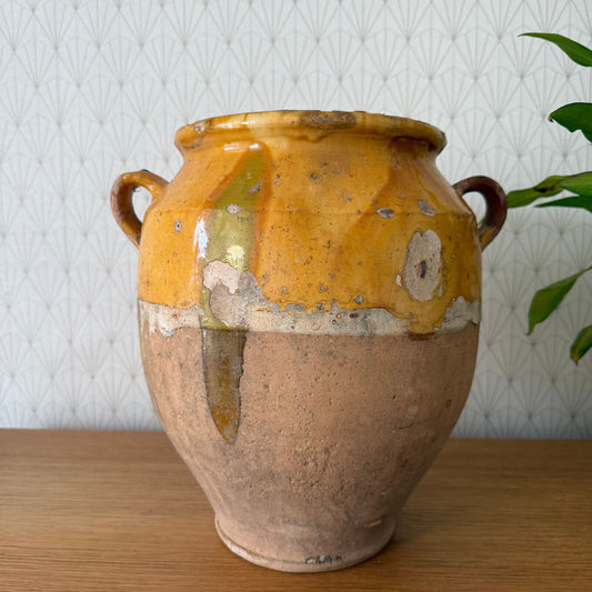 RARE BIG HANDMADE GLAZED YELLOW ANTIQUE FRENCH CONFIT POT TERRACOTTA 2302257 - Fleamarketfrance