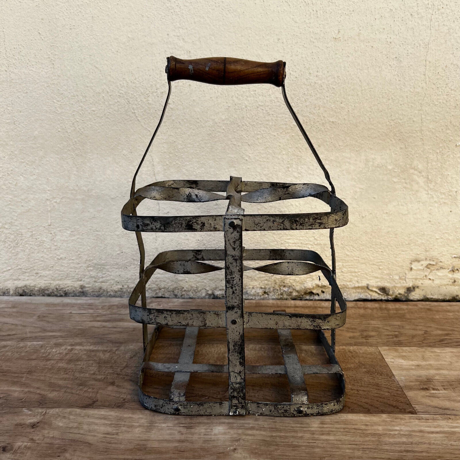 ANTIQUE VINTAGE FRENCH Handmade Metal 4 zinc Bottle Wine Carrier Basket 10122212 - Fleamarketfrance