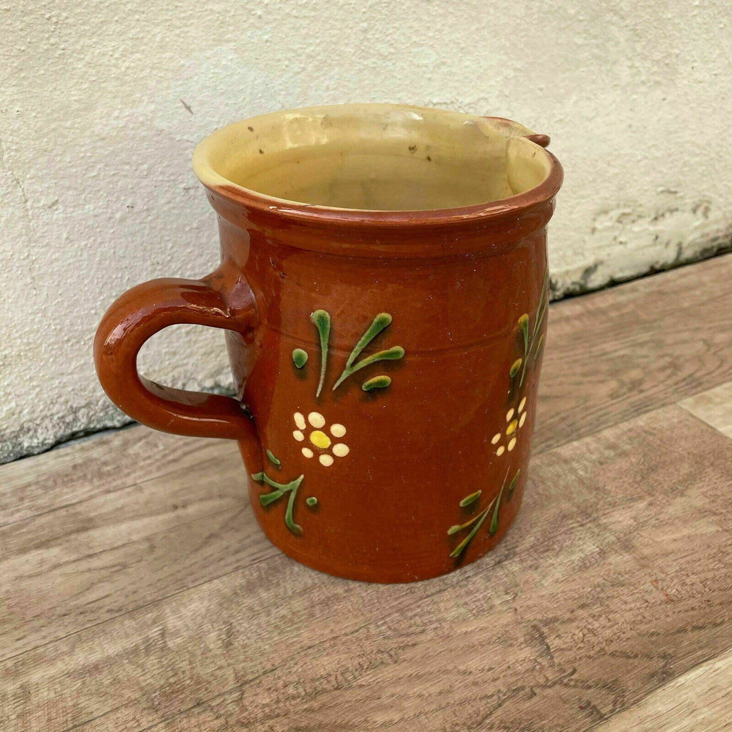 HANDMADE GLAZED GREEN BROWN VINTAGE FRENCH PITCHER TERRACOTTA 0904214 - Fleamarketfrance