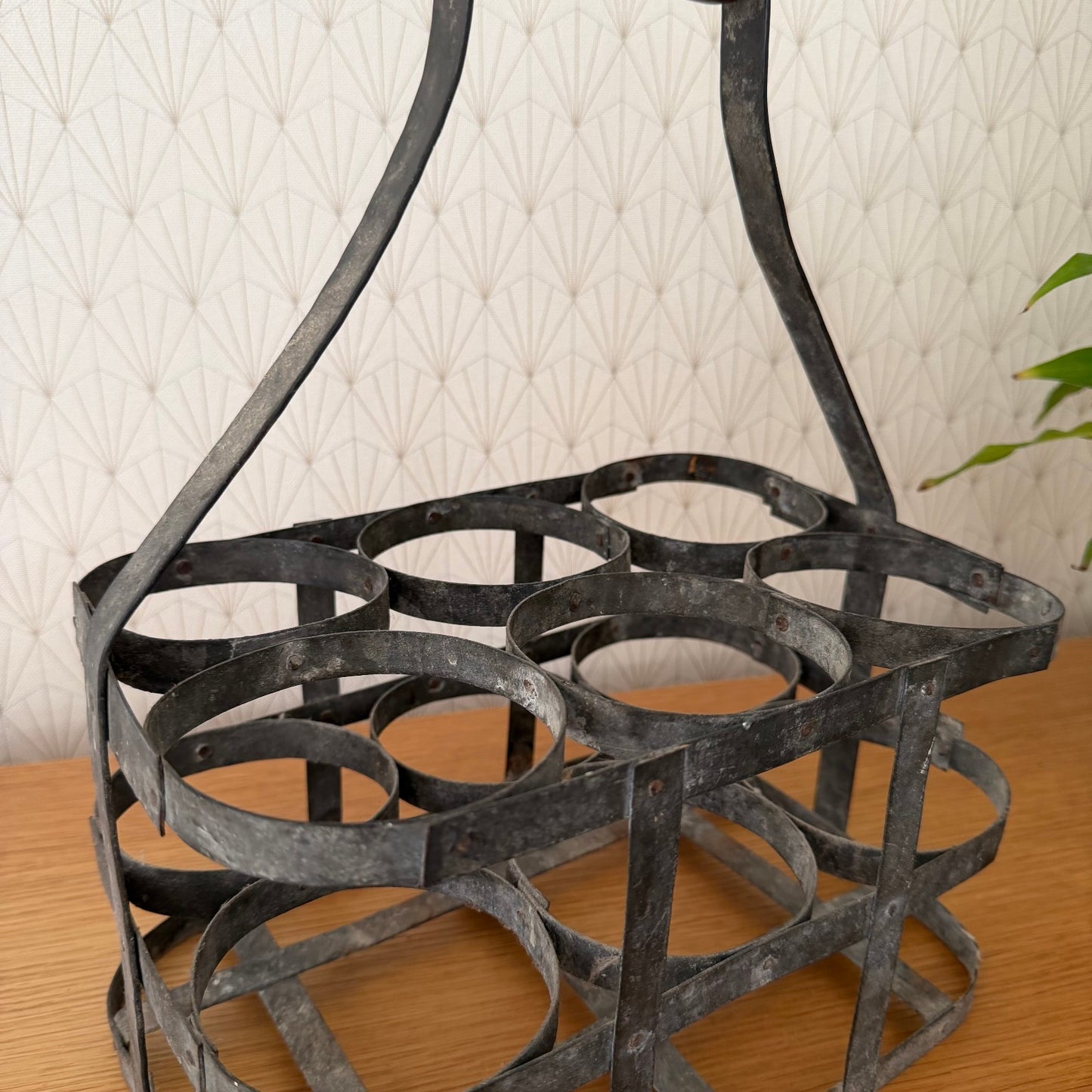 VINTAGE FRENCH Handmade Zinc Metalware 6 Bottle Wine Carrier Basket 08102512