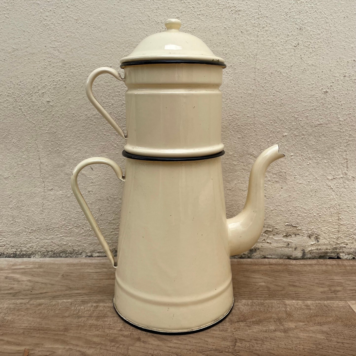 French Enamel Biggin Coffee Pot Cream Beige Filter Drip Vintage 18032510 Fleamarketfrance