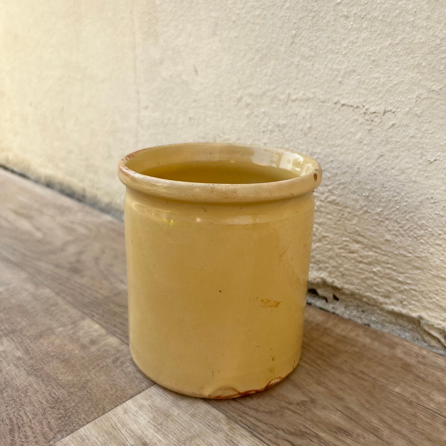 HANDMADE GLAZED YELLOW ANTIQUE FRENCH CONFIT JAM POT 4 3/4" TERRACOTTA  12102410 - Fleamarketfrance